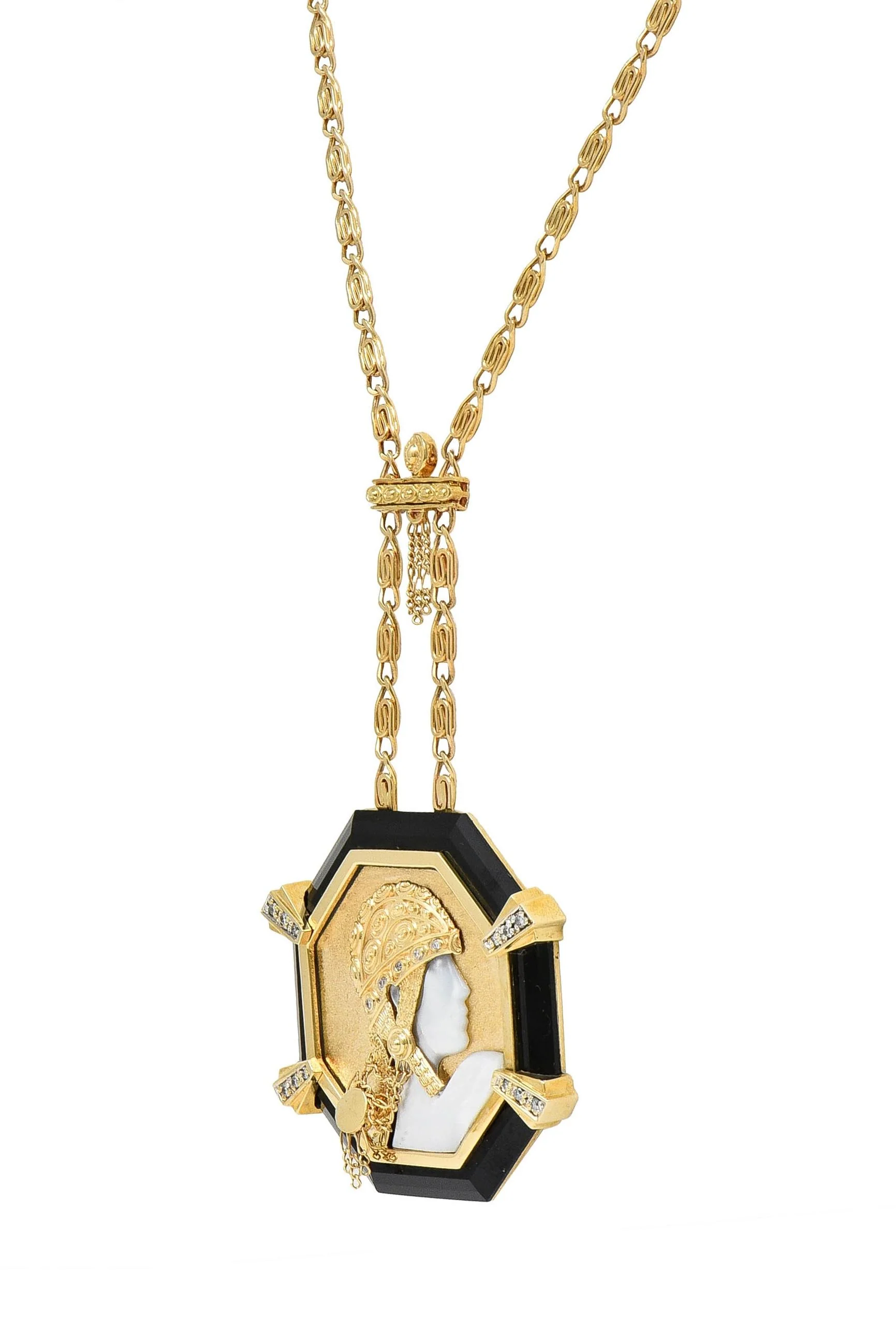 Erté 1970's Diamond Onyx Mother-Of-Pearl 14K Gold Vintage Aventurine Sautoir Necklace - Image 6