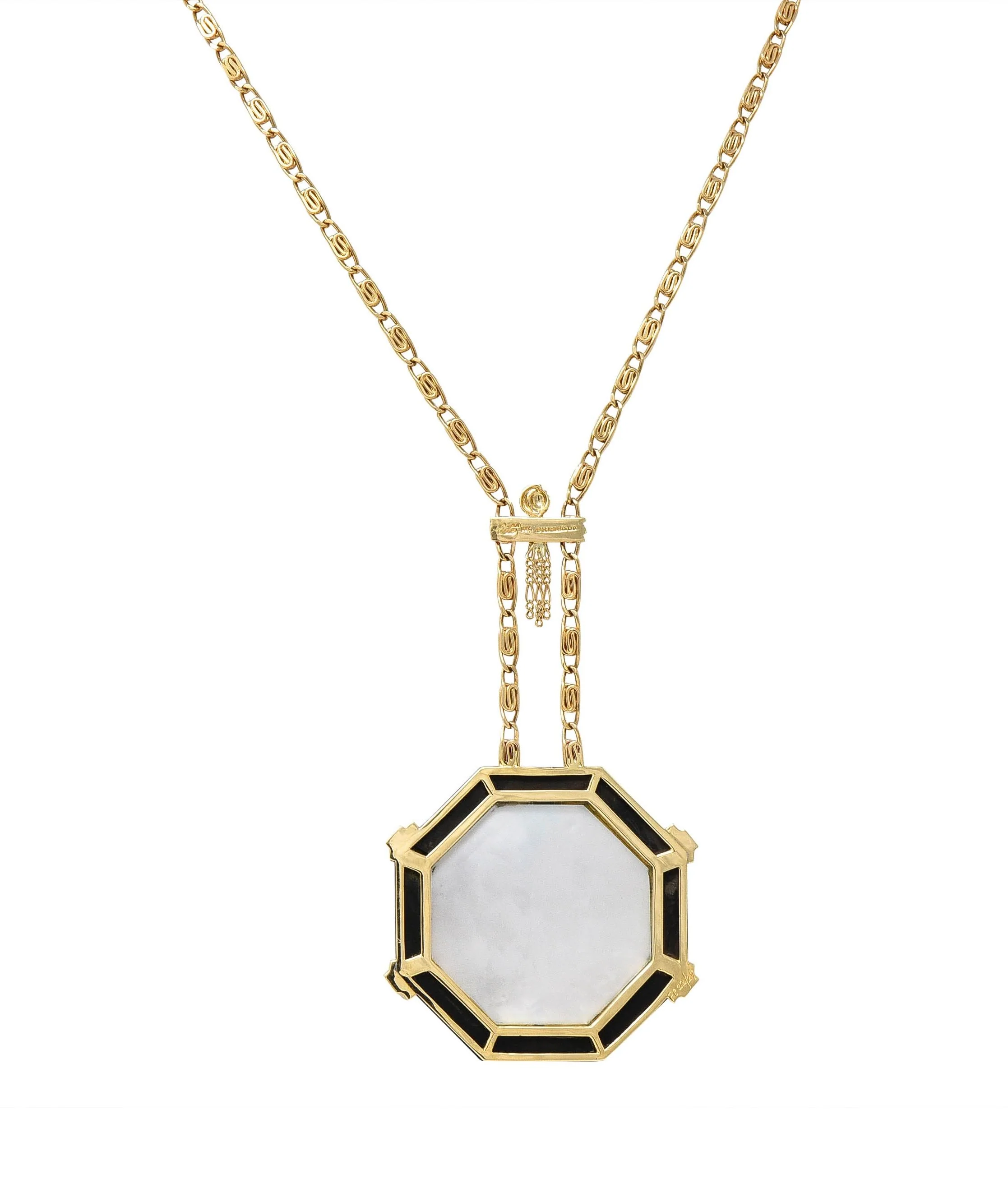 Erté 1970's Diamond Onyx Mother-Of-Pearl 14K Gold Vintage Aventurine Sautoir Necklace - Image 7