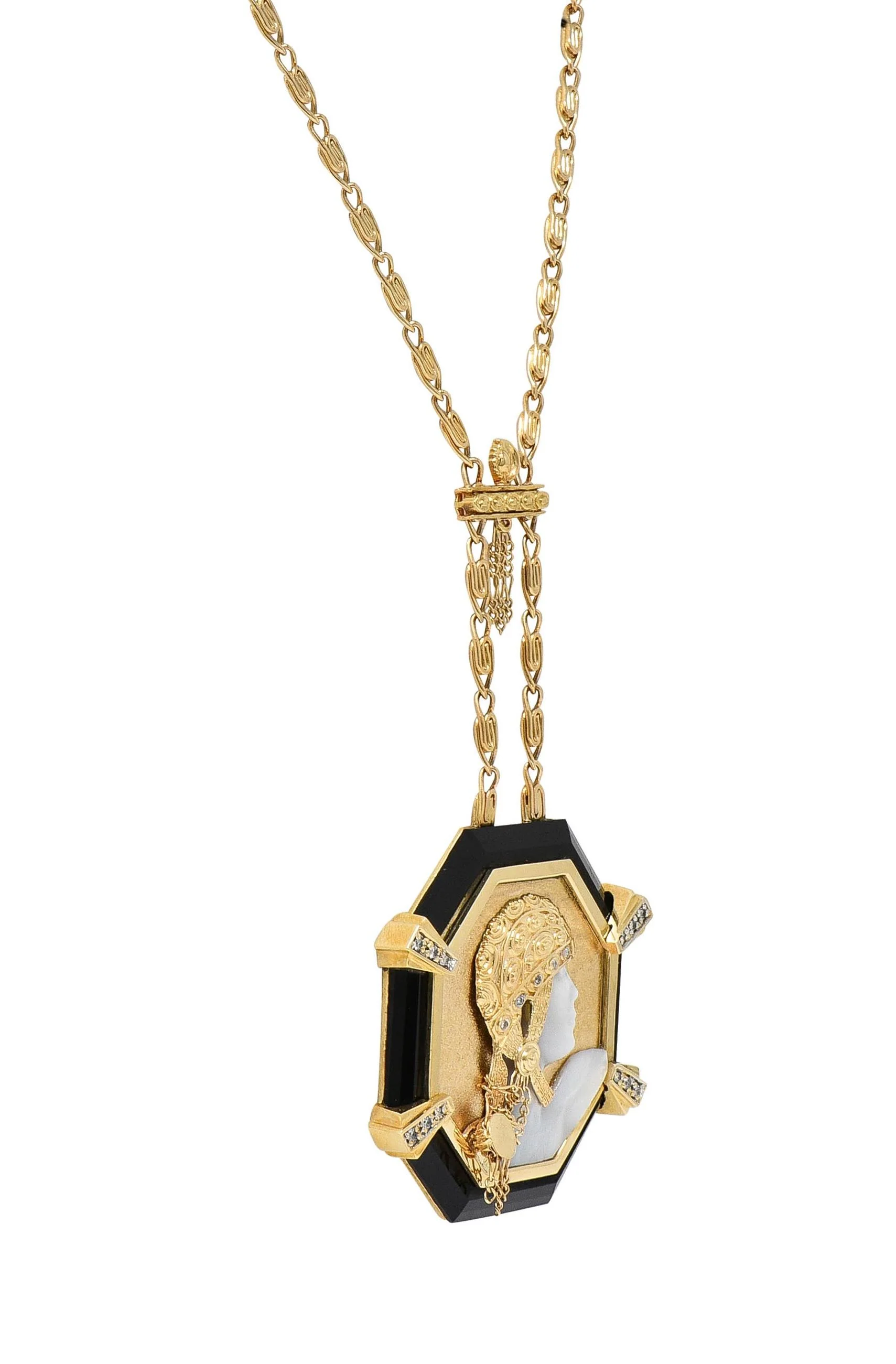 Erté 1970's Diamond Onyx Mother-Of-Pearl 14K Gold Vintage Aventurine Sautoir Necklace - Image 8
