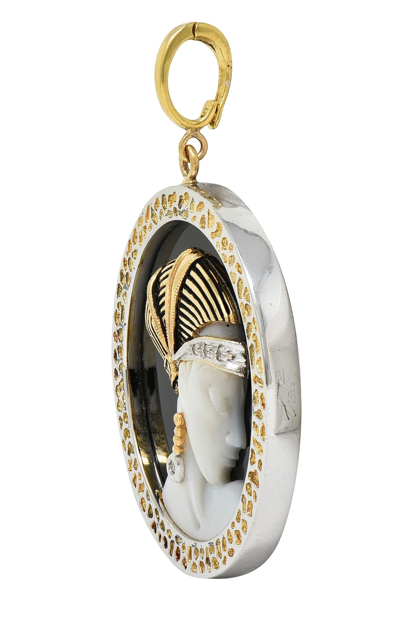 Erté 1980 Diamond Onyx Mother-Of-Pearl 14 Karat Yellow Gold Silver Vintage Love's Enchantment Pendant Brooch - Image 3