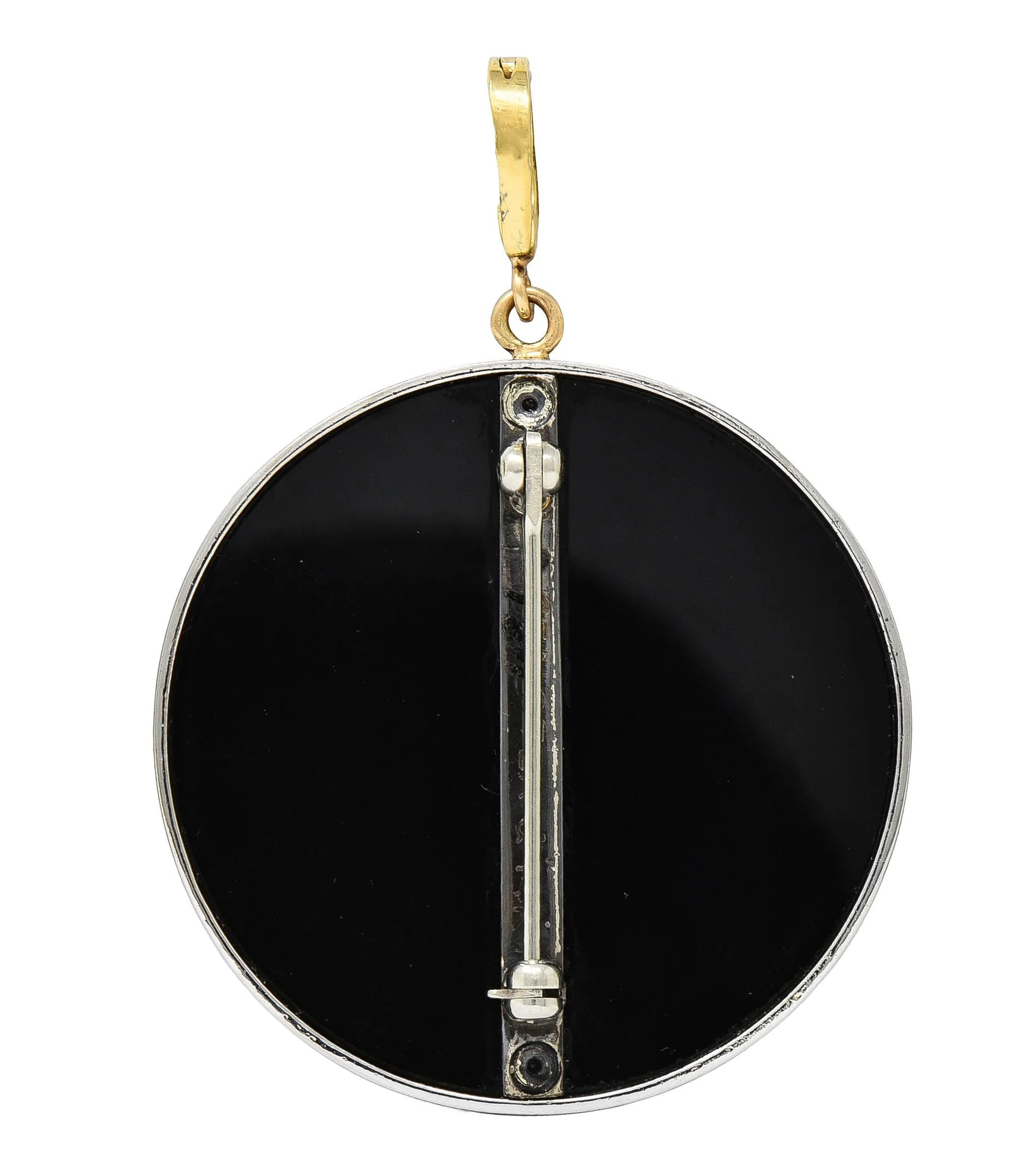 Erté 1980 Diamond Onyx Mother-Of-Pearl 14 Karat Yellow Gold Silver Vintage Love's Enchantment Pendant Brooch - Image 4