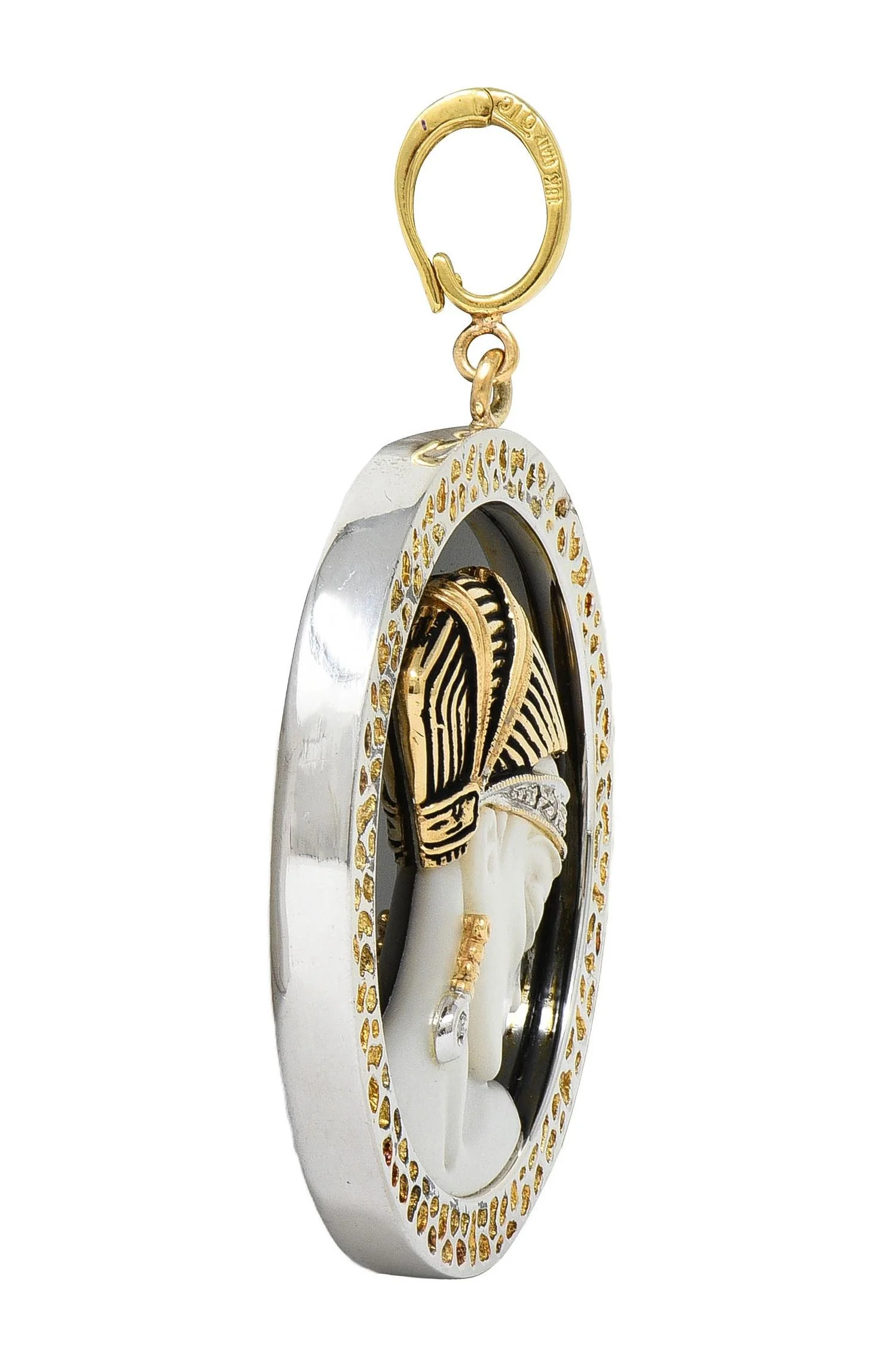 Erté 1980 Diamond Onyx Mother-Of-Pearl 14 Karat Yellow Gold Silver Vintage Love's Enchantment Pendant Brooch - Image 7