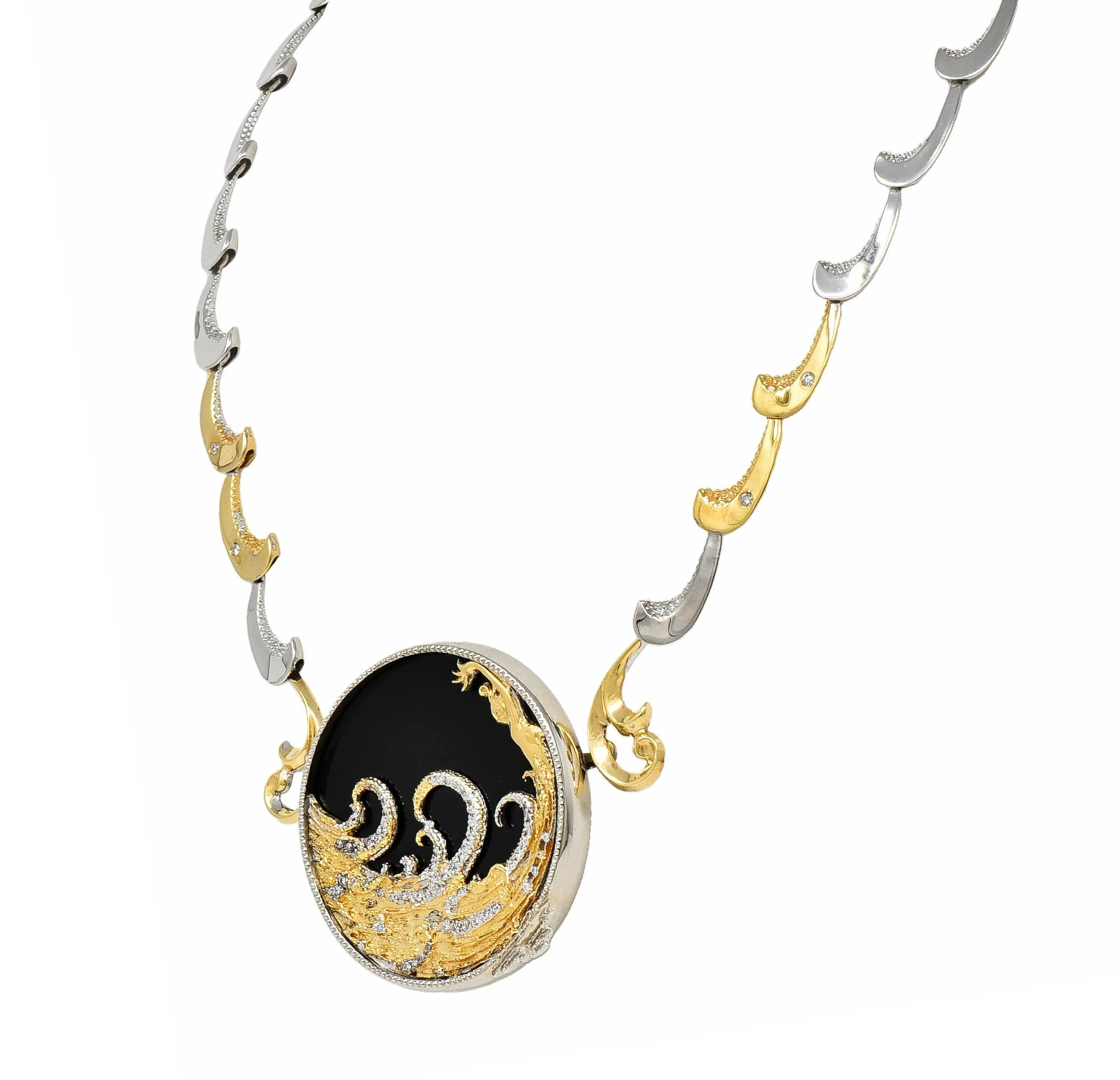 Erté 1980's Diamond Onyx 14 Karat Yellow Gold Silver Aphrodite Brooch Necklace - Image 6