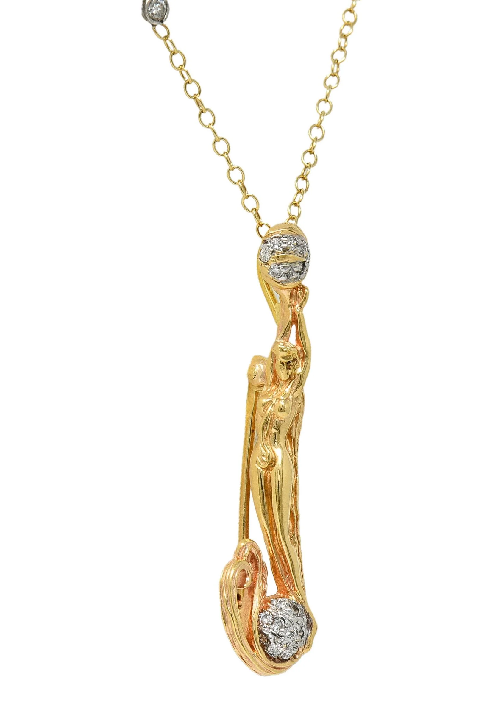 Erté 2002 0.56 CTW Diamond 14 Karat Two-Tone Gold Alphabet J Lady Brooch Necklace - Image 18
