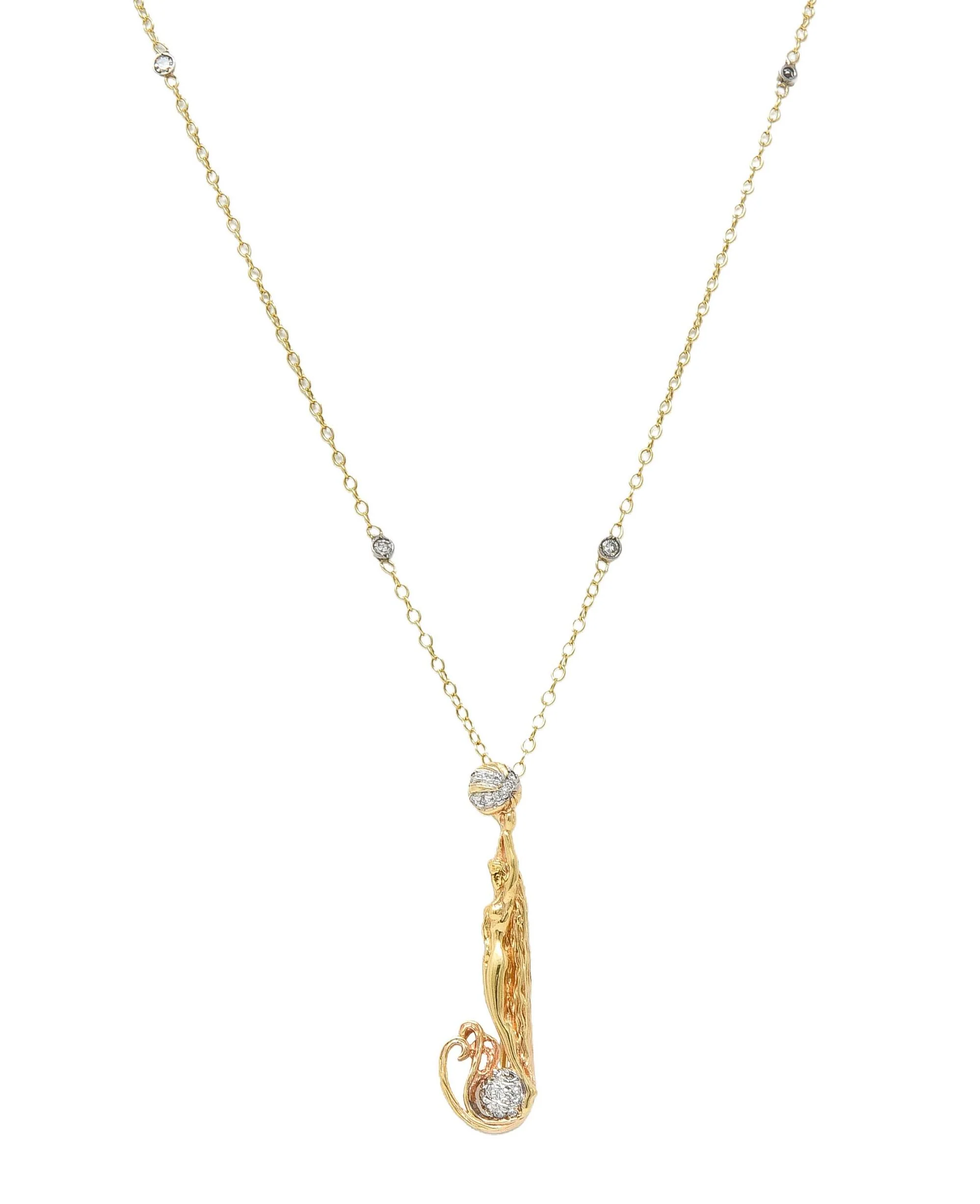 Erté 2002 0.56 CTW Diamond 14 Karat Two-Tone Gold Alphabet J Lady Brooch Necklace - Image 3