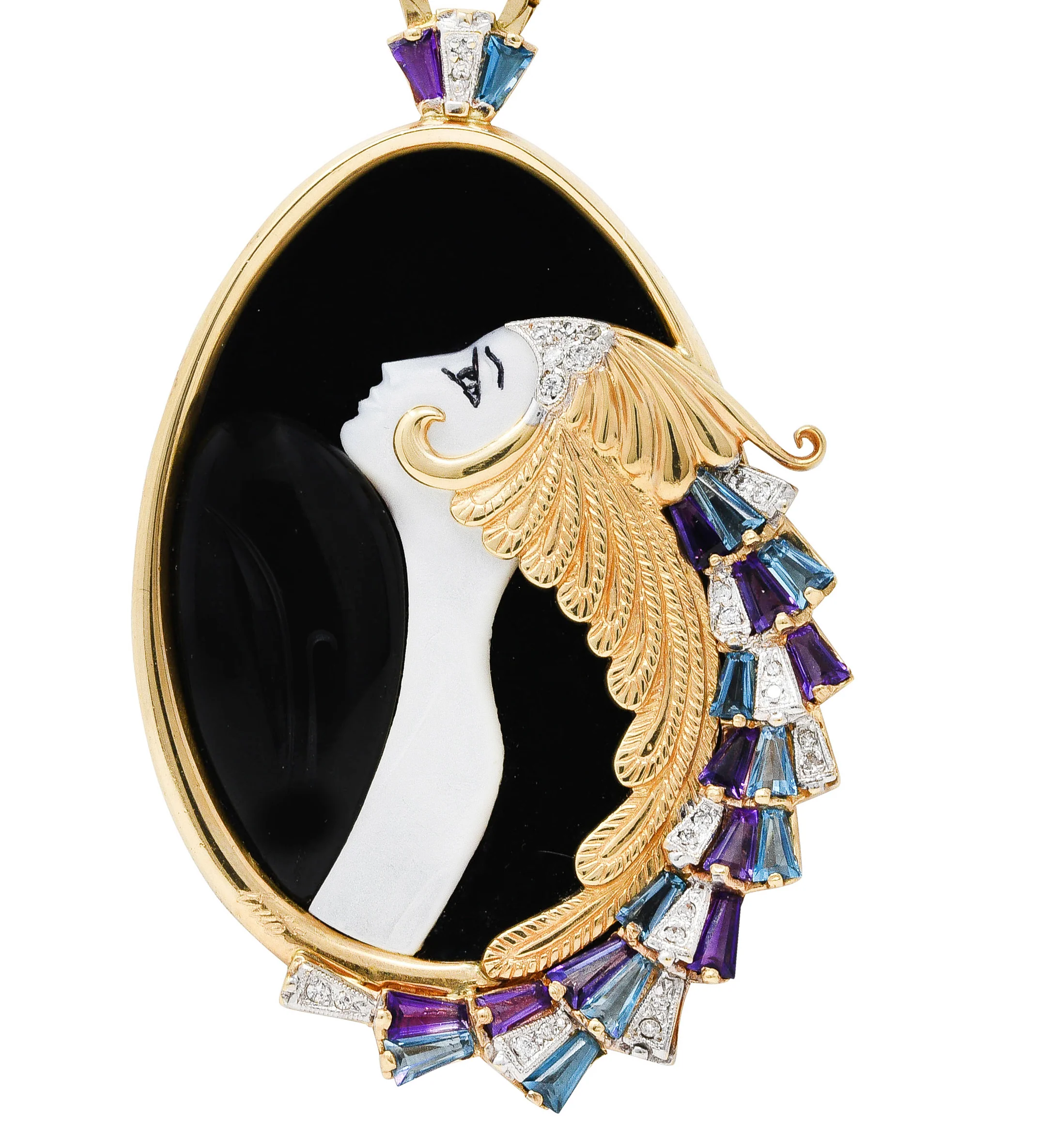 Erte Beauty of The Beast Diamond Amethyst Topaz Onyx Mother-Of-Pearl Platinum 14 Karat Yellow Gold Beauty and the Beast Vintage Pendant Necklace