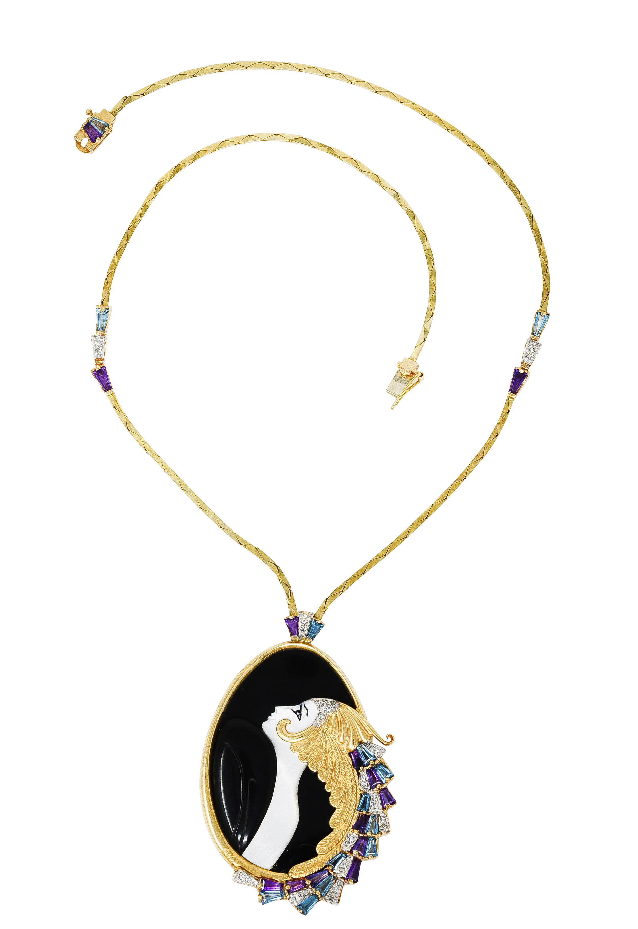 Erte Beauty of The Beast Diamond Amethyst Topaz Onyx Mother-Of-Pearl Platinum 14 Karat Yellow Gold Beauty and the Beast Vintage Pendant Necklace - Image 2