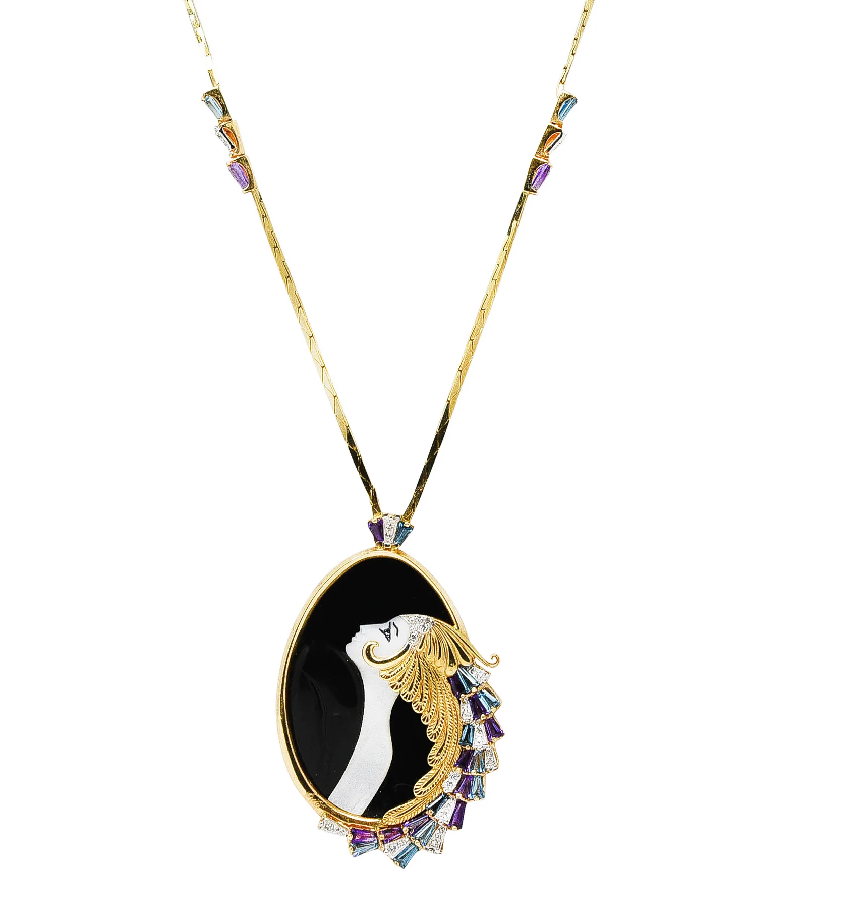 Erte Beauty of The Beast Diamond Amethyst Topaz Onyx Mother-Of-Pearl Platinum 14 Karat Yellow Gold Beauty and the Beast Vintage Pendant Necklace - Image 3