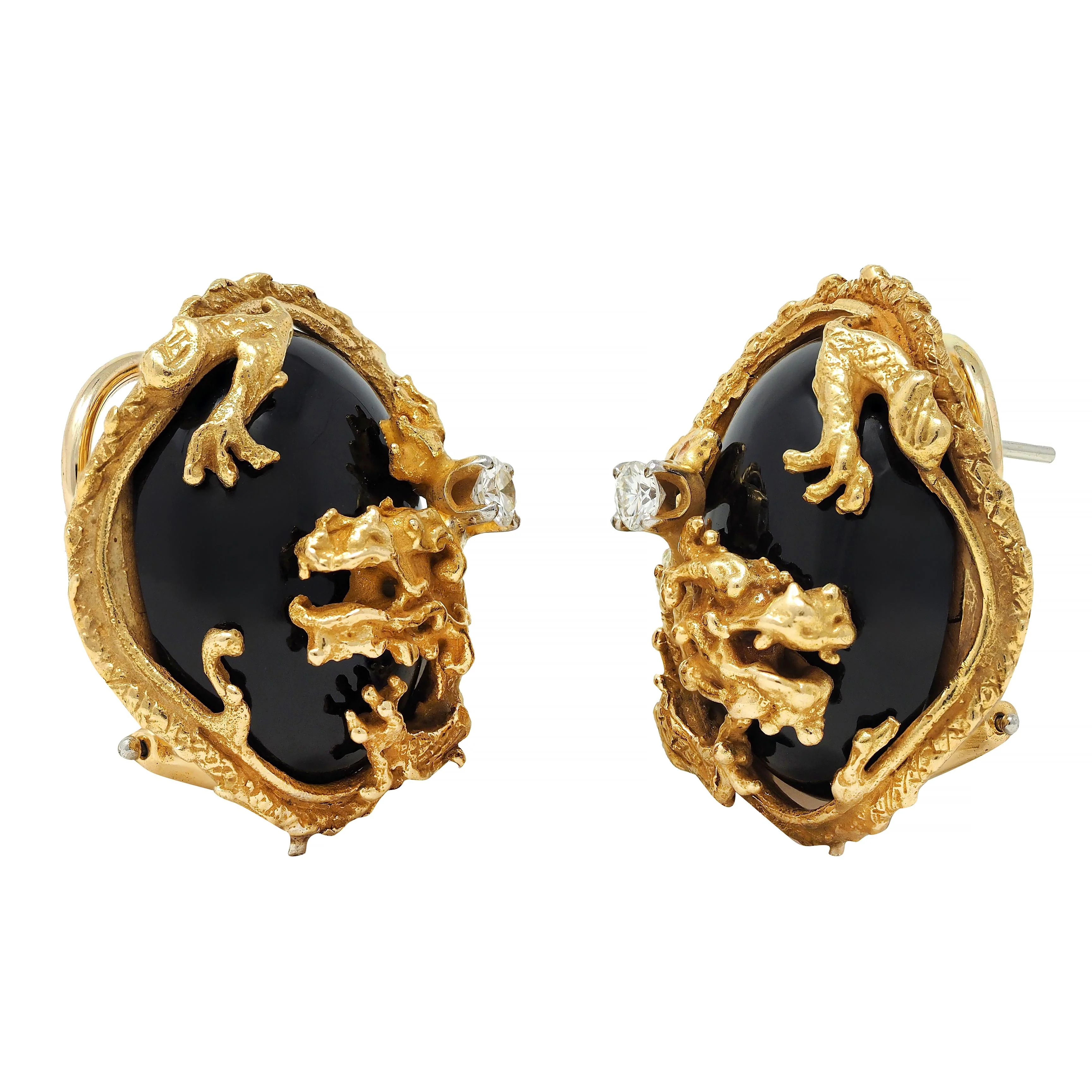 Erwin Pearl 1970's Diamond Onyx 18 Karat Gold Dragon Vintage Earrings - Image 5