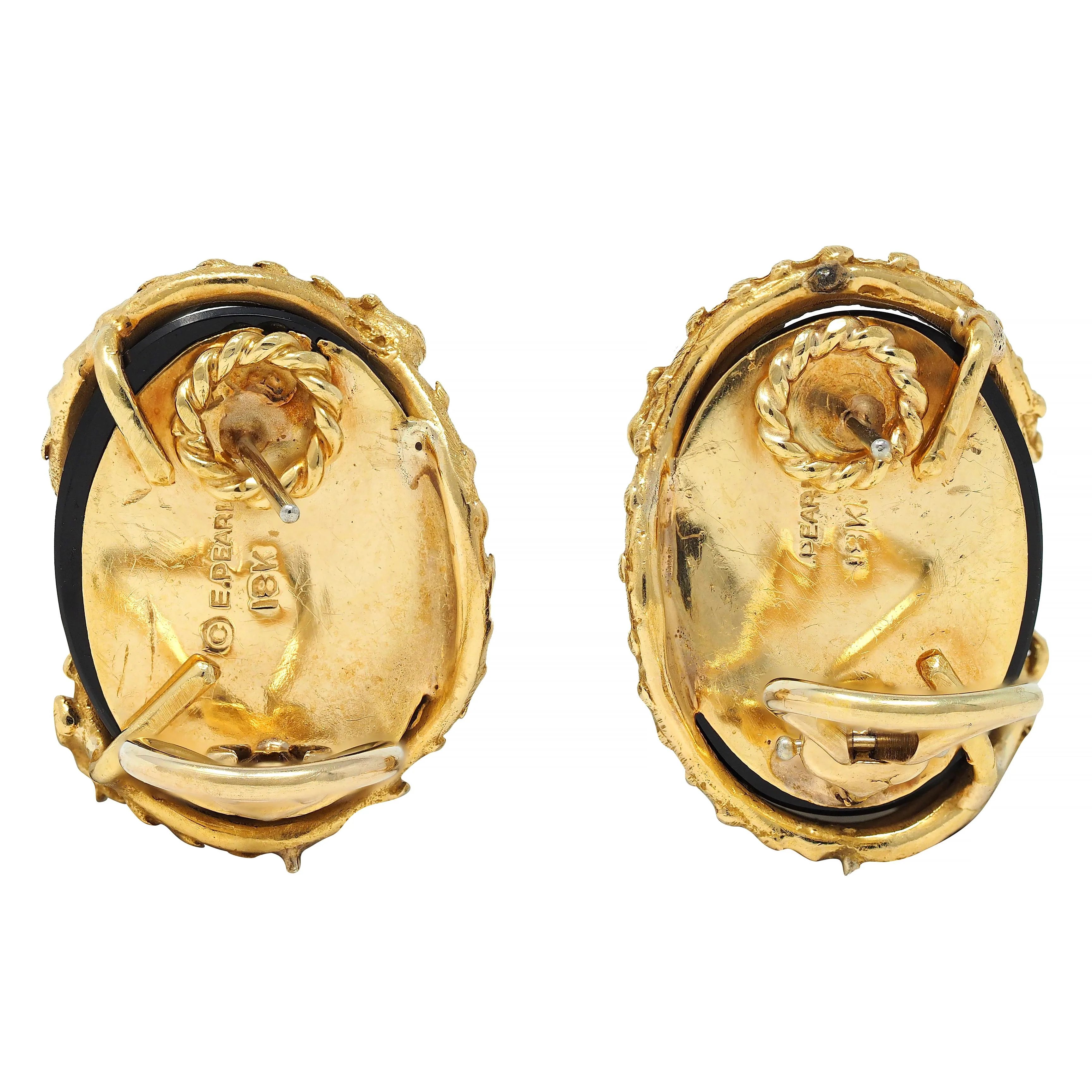 Erwin Pearl 1970's Diamond Onyx 18 Karat Gold Dragon Vintage Earrings - Image 6