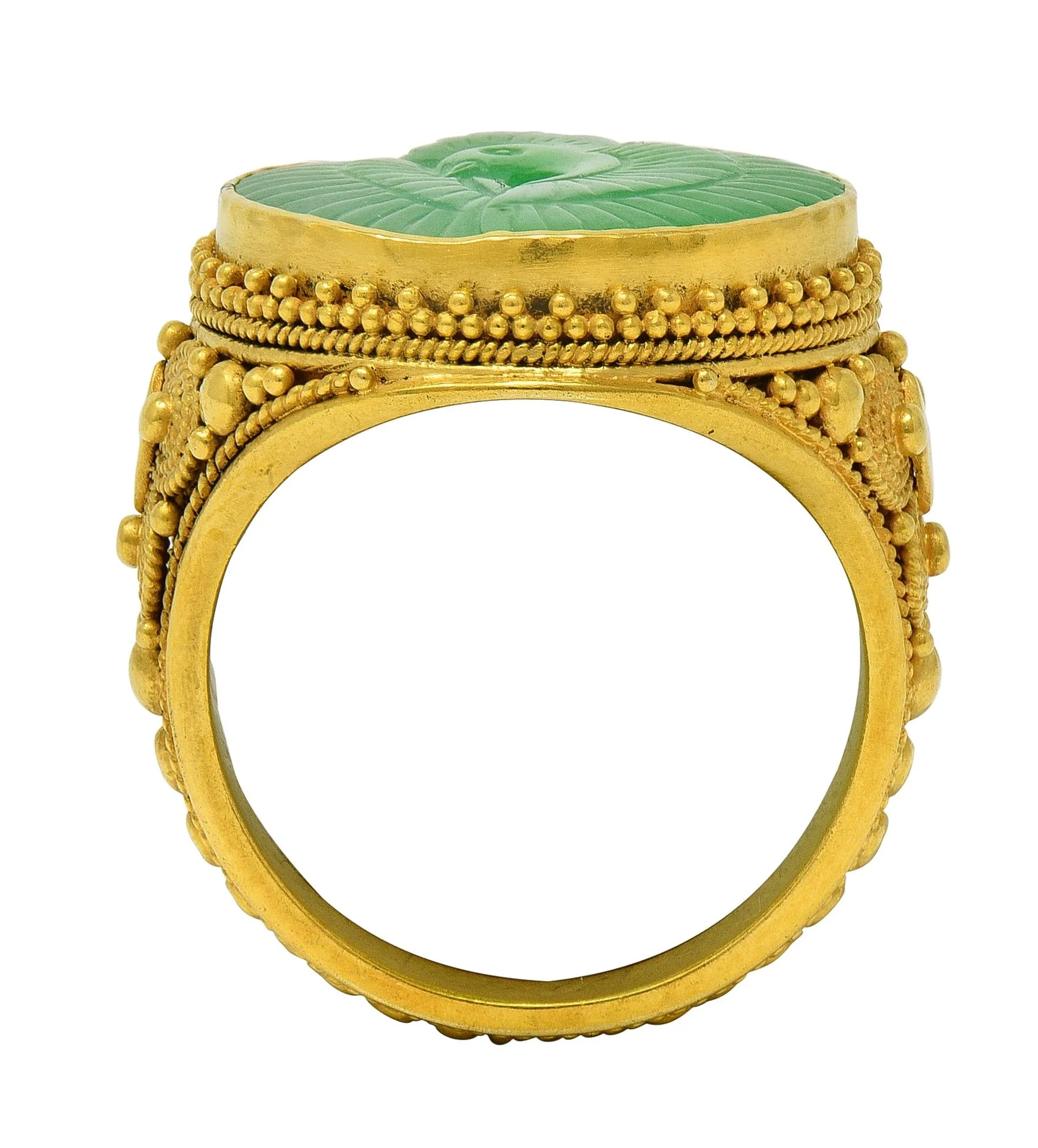 Etruscan Revival Victorian Jade 14 Karat Yellow Gold Antique Granulated Crane Signet Ring - Image 7