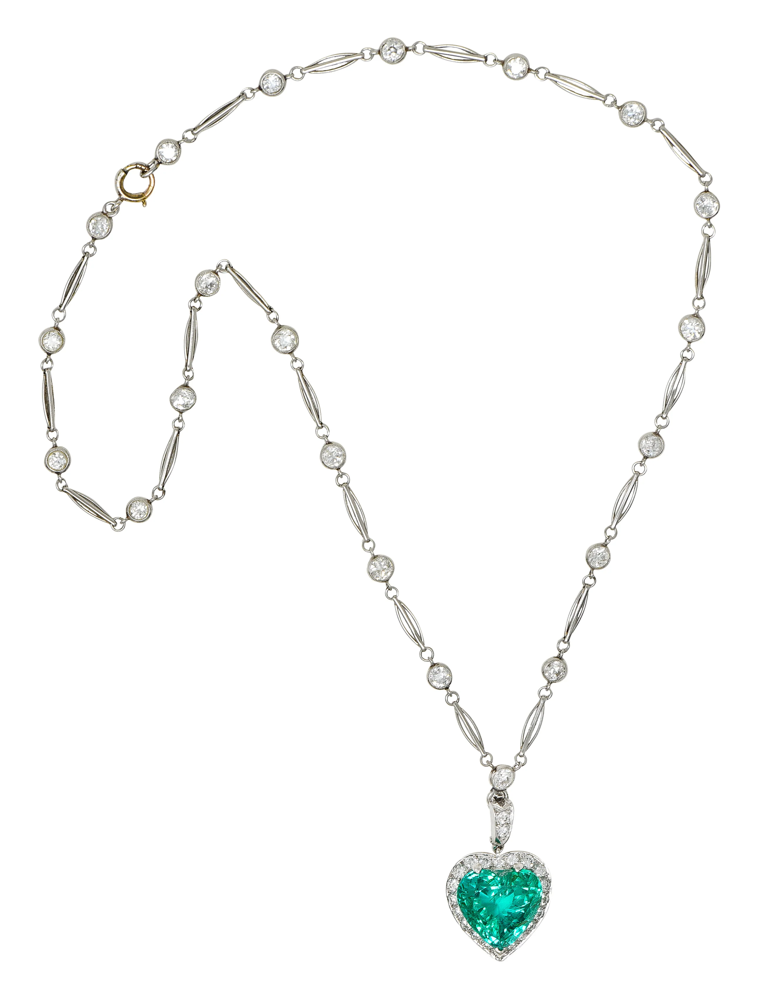 Exceptional 14.64 CTW Heart Cut Colombian Emerald Diamond Platinum Vintage 1950's Enhancer Pendant Necklace AGL Heart - Image 3