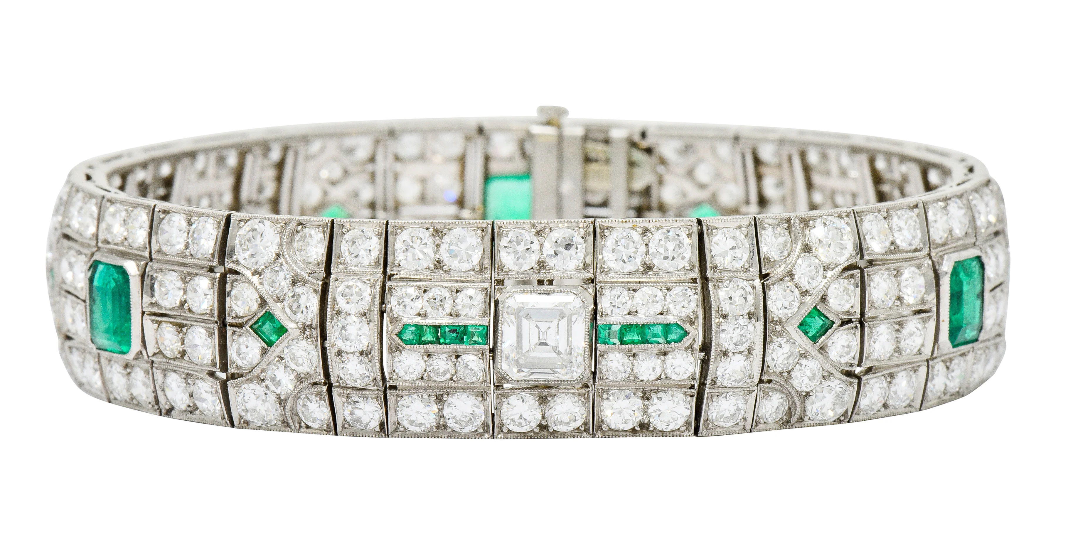 Exceptional Art Deco 23.96 CTW Diamond Emerald Platinum Geometric Link Bracelet - Image 3