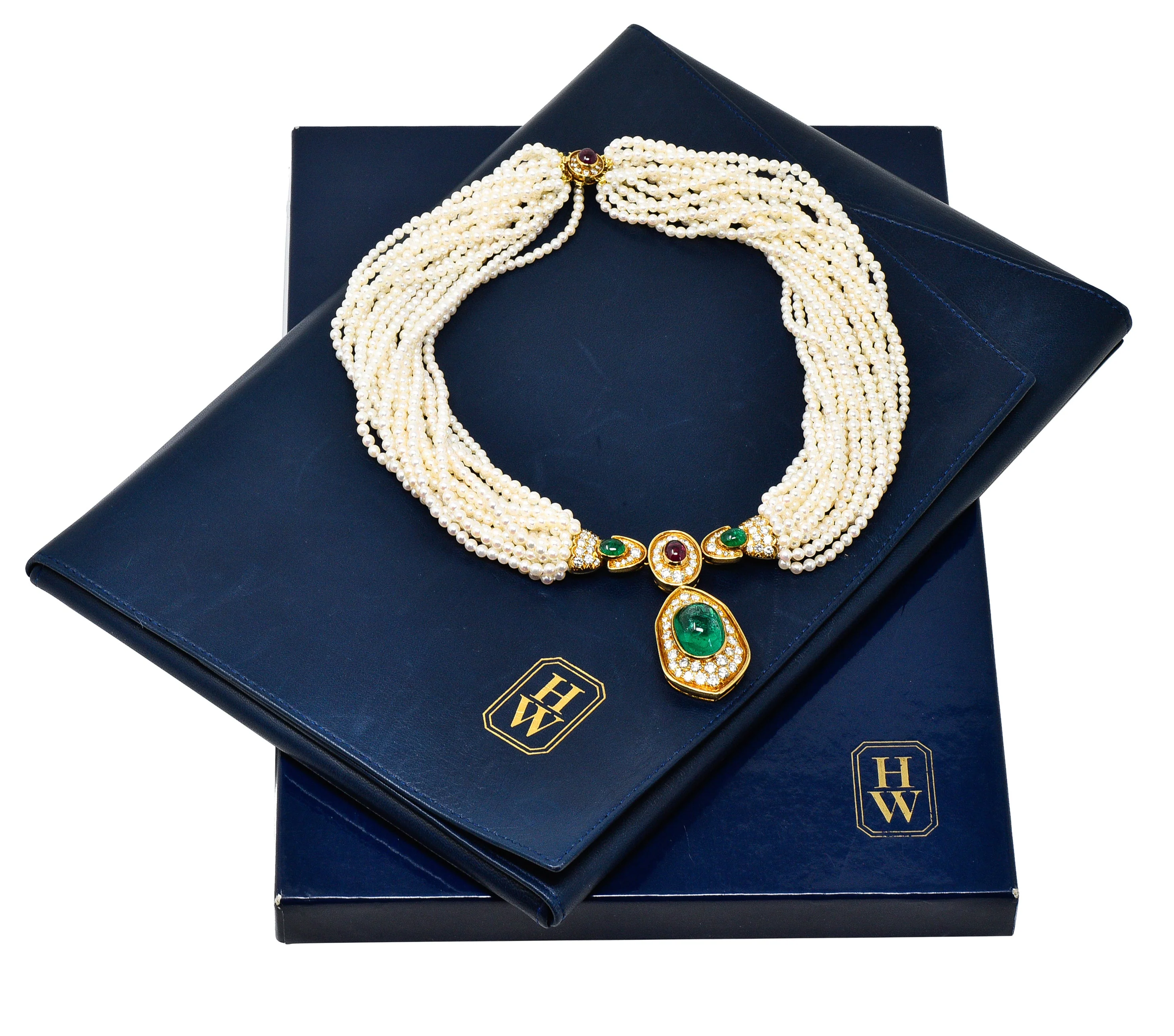 Exceptional Harry Winston Pearl 26.35 CTW Colombian Emerald Ruby Diamond 18 Karat Yellow Gold Multi-Strand Necklace AGL - Image 2