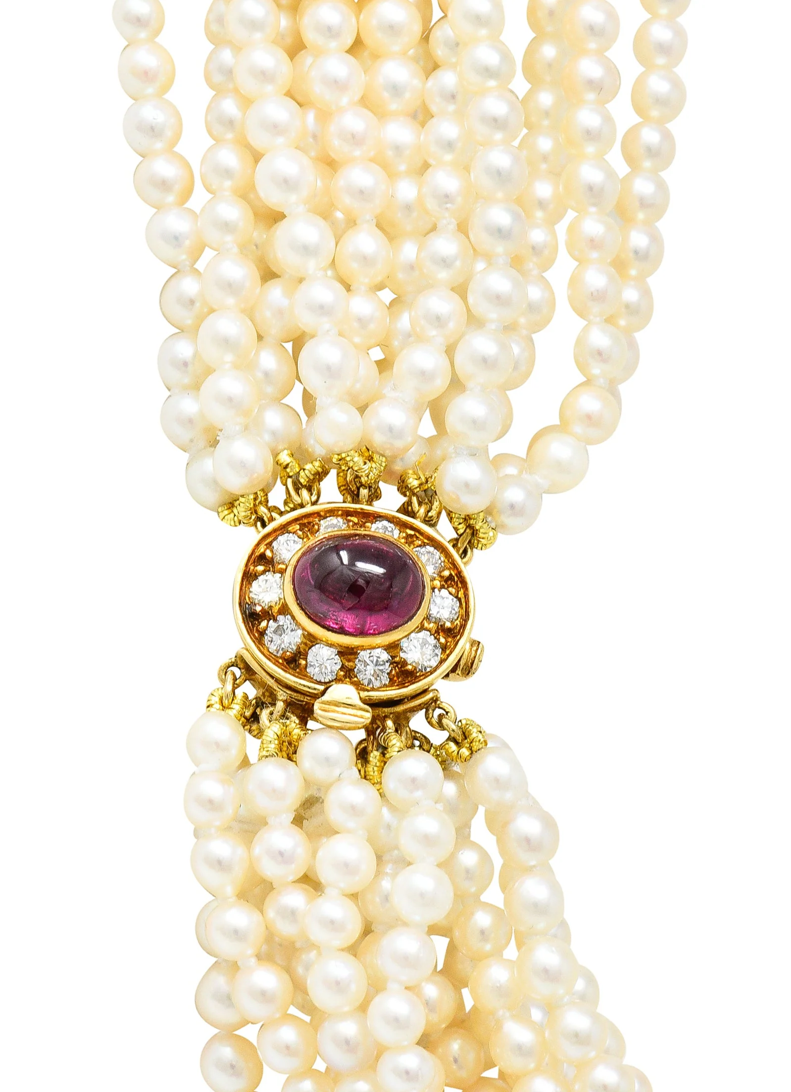 Exceptional Harry Winston Pearl 26.35 CTW Colombian Emerald Ruby Diamond 18 Karat Yellow Gold Multi-Strand Necklace AGL - Image 9