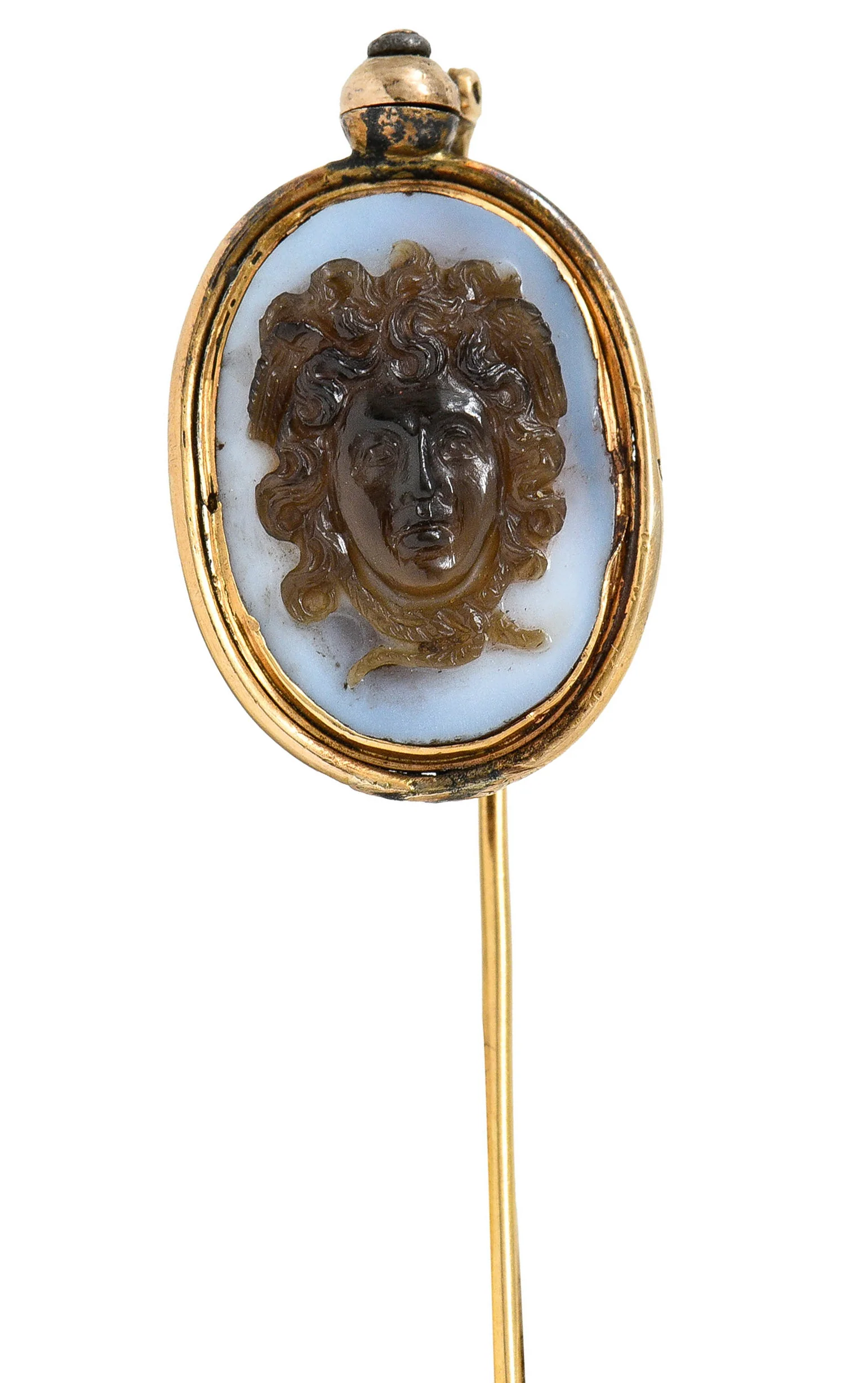 Exceptional Victorian Agate Cameo 18 Karat Gold Mythology Perseus & Medusa Stickpin - Image 2