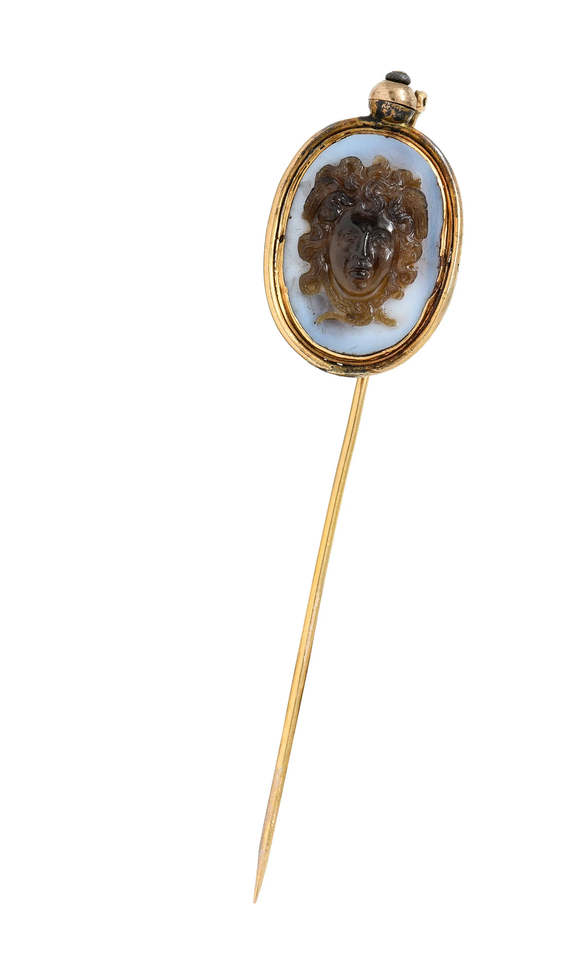 Exceptional Victorian Agate Cameo 18 Karat Gold Mythology Perseus & Medusa Stickpin - Image 4