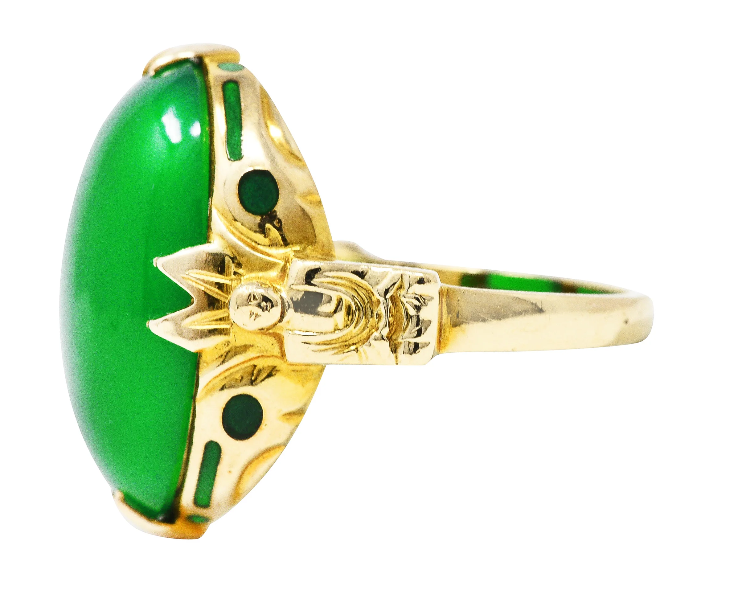 Felger Art Deco Chrysoprase Enamel 14 Karat Yellow Gold Buddha Lotus Ring - Image 5