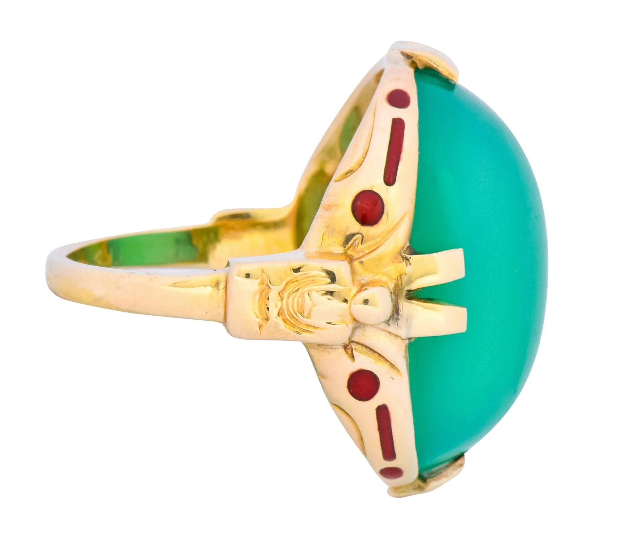 Felger Inc. Art Deco Egyptian Revival Enamel Chrysoprase Ring - Image 3