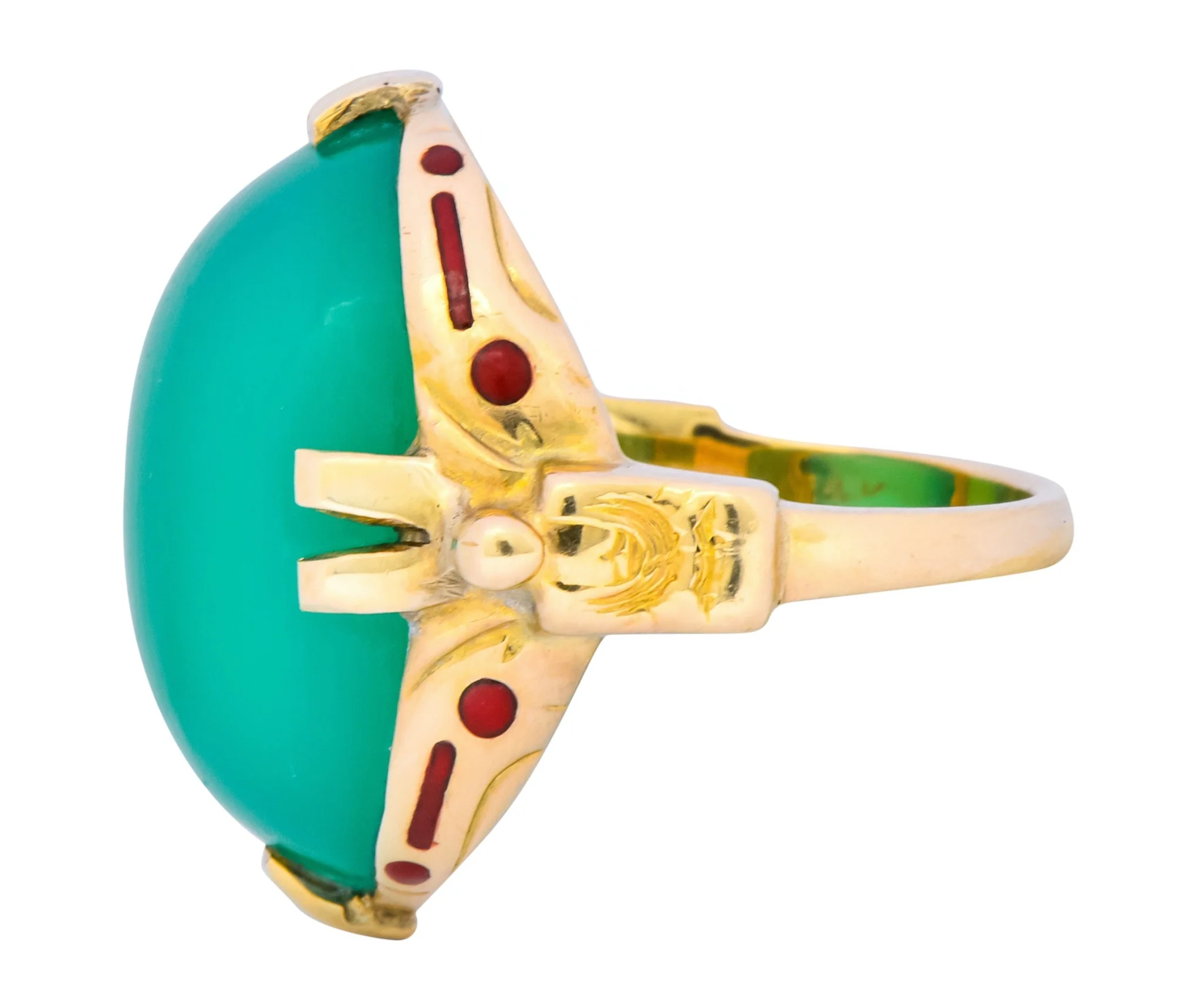 Felger Inc. Art Deco Egyptian Revival Enamel Chrysoprase Ring - Image 5