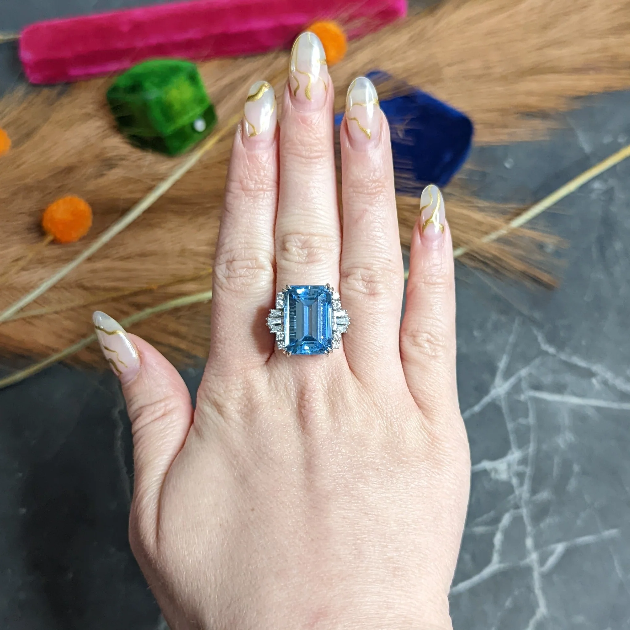 Felger Inc. Mid-Century 17.50 CTW Aquamarine Diamond Platinum Statement Vintage Ring - Image 12