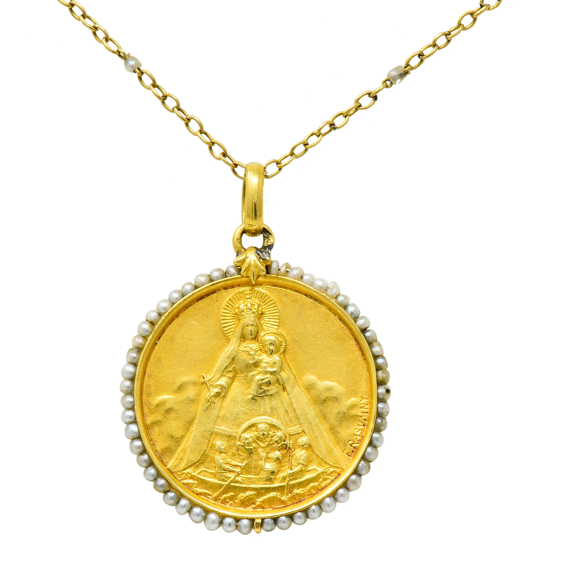 Felix Rasumny Art Nouveau Natural Freshwater Seed Pearl 18 Karat Gold Religious Medal Necklace