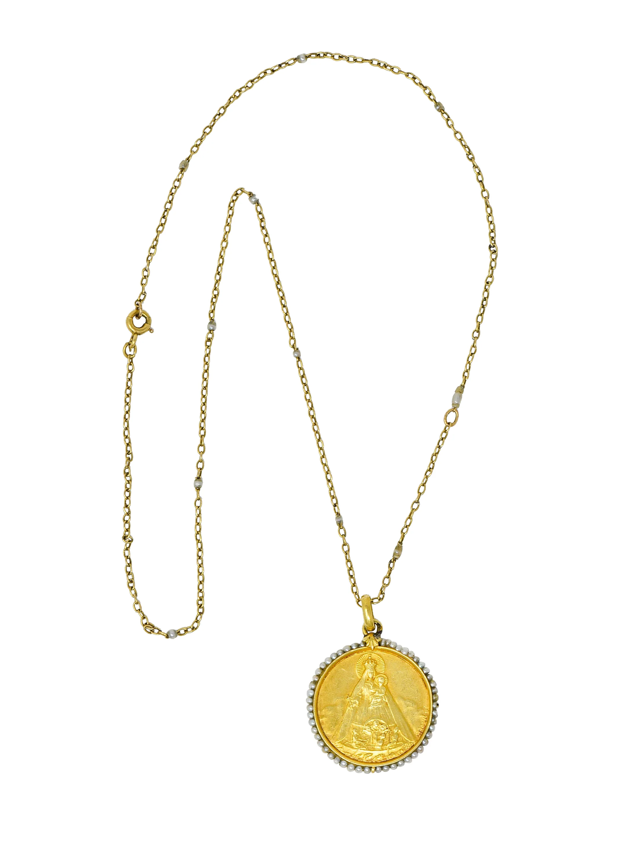Felix Rasumny Art Nouveau Natural Freshwater Seed Pearl 18 Karat Gold Religious Medal Necklace - Image 2