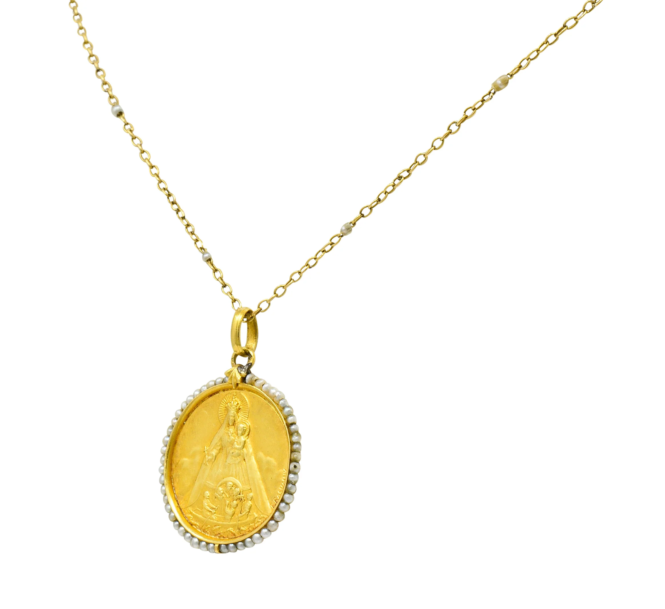 Felix Rasumny Art Nouveau Natural Freshwater Seed Pearl 18 Karat Gold Religious Medal Necklace - Image 3