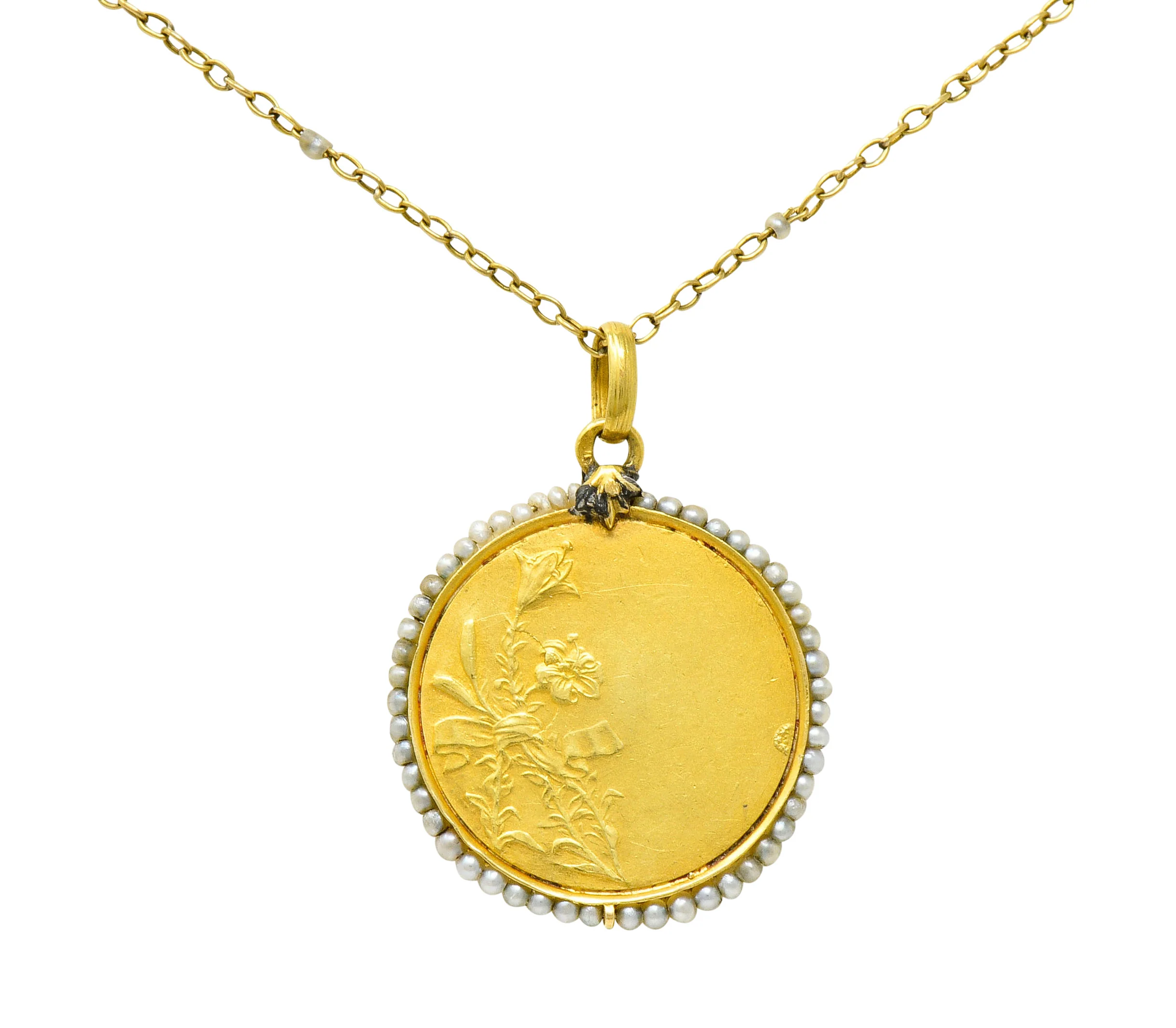 Felix Rasumny Art Nouveau Natural Freshwater Seed Pearl 18 Karat Gold Religious Medal Necklace - Image 4