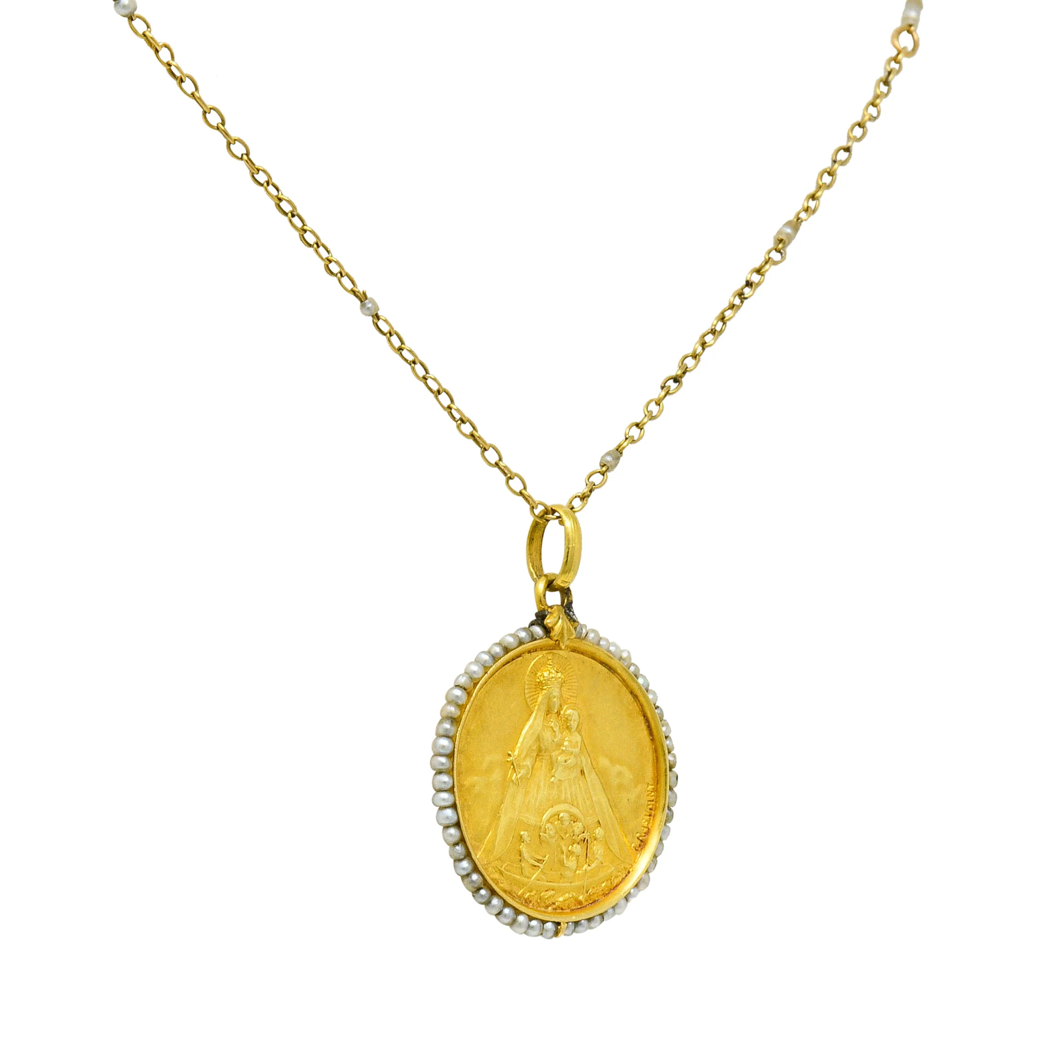 Felix Rasumny Art Nouveau Natural Freshwater Seed Pearl 18 Karat Gold Religious Medal Necklace - Image 5