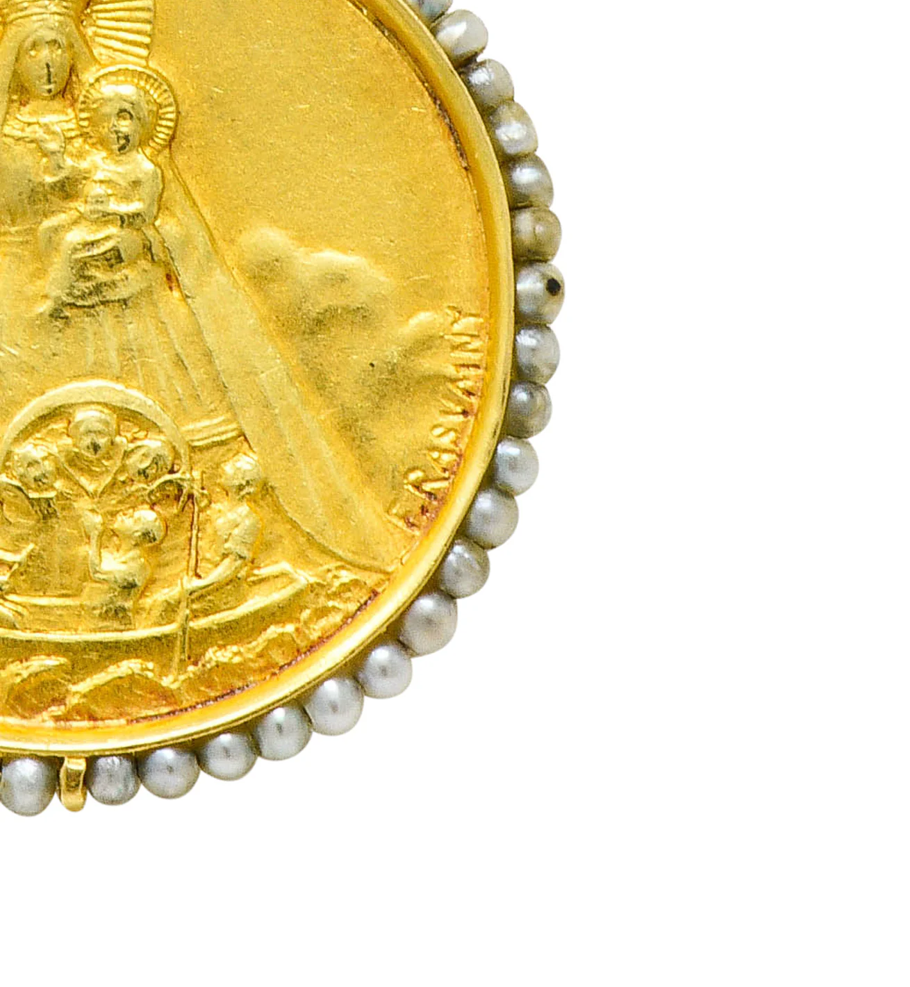 Felix Rasumny Art Nouveau Natural Freshwater Seed Pearl 18 Karat Gold Religious Medal Necklace - Image 6