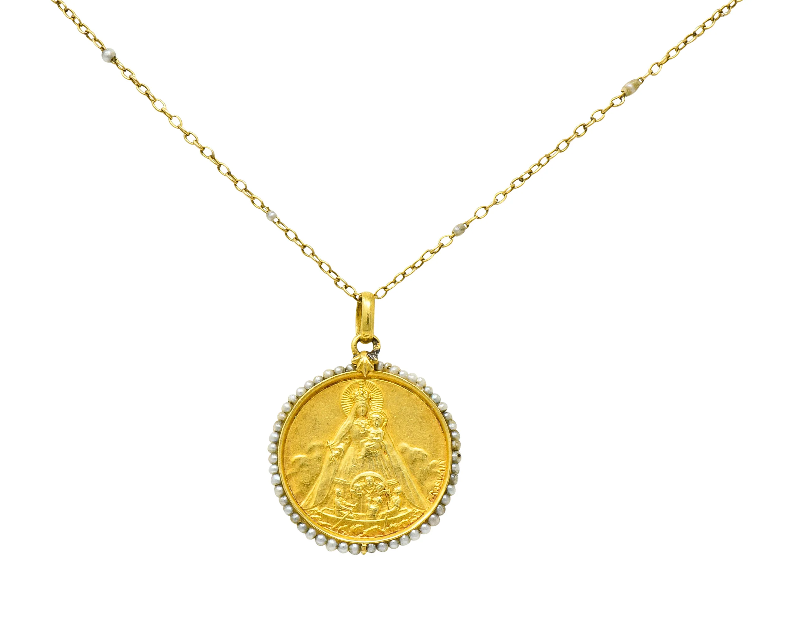 Felix Rasumny Art Nouveau Natural Freshwater Seed Pearl 18 Karat Gold Religious Medal Necklace - Image 9