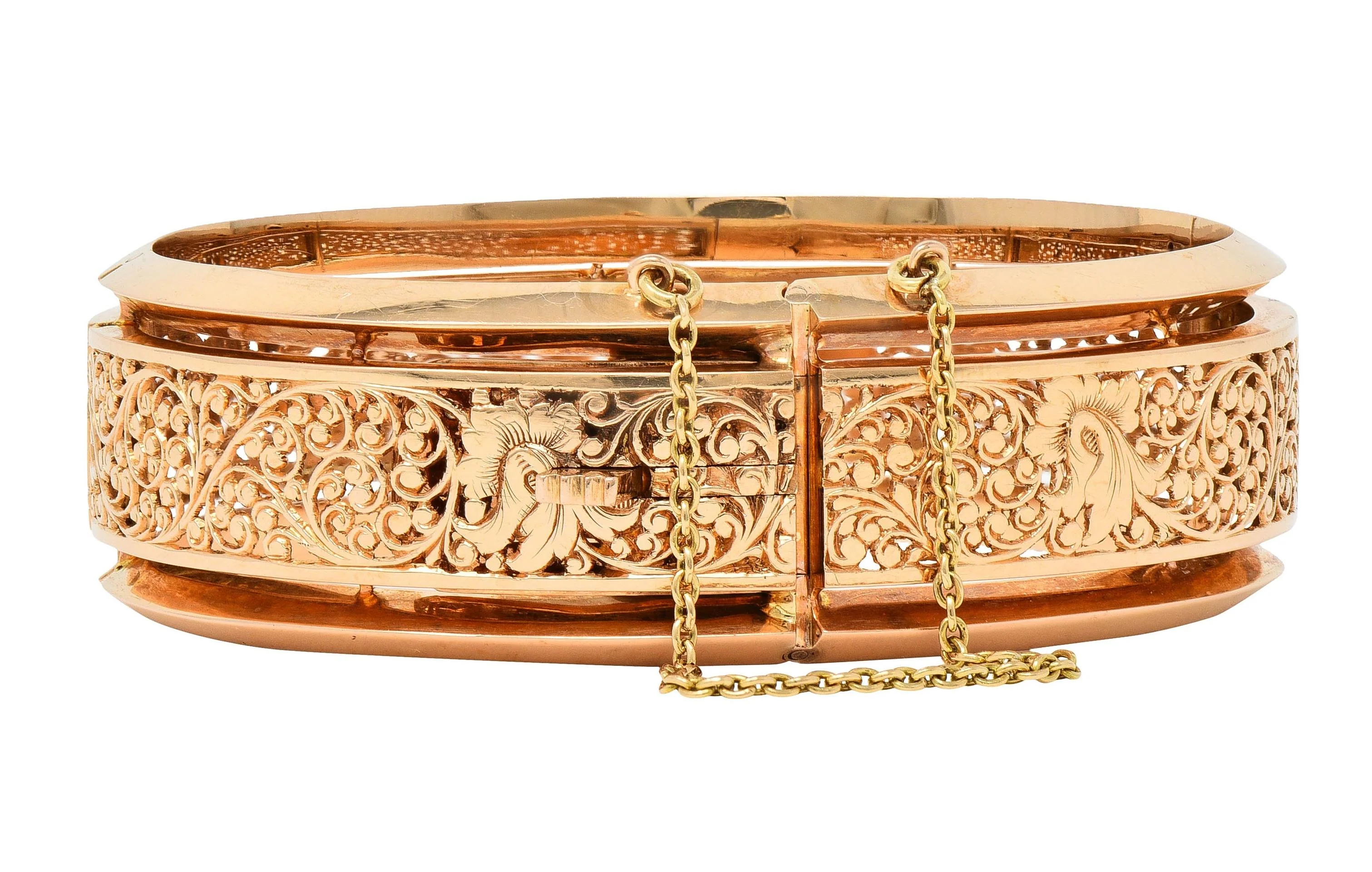 Fouquet-Gueudet French Art Nouveau 18 Karat Yellow Gold Antique Floral Bangle Bracelet - Image 6