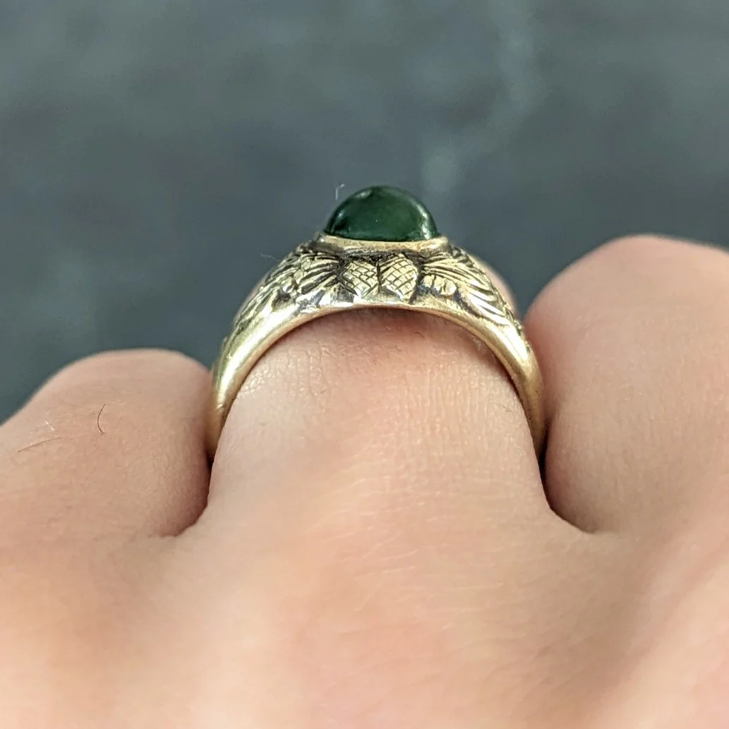 Frank Walter Lawrence Art Nouveau Jade Cabochon 14 Karat Yellow Gold Pine Cone Tree Unisex Antique Ring - Image 16