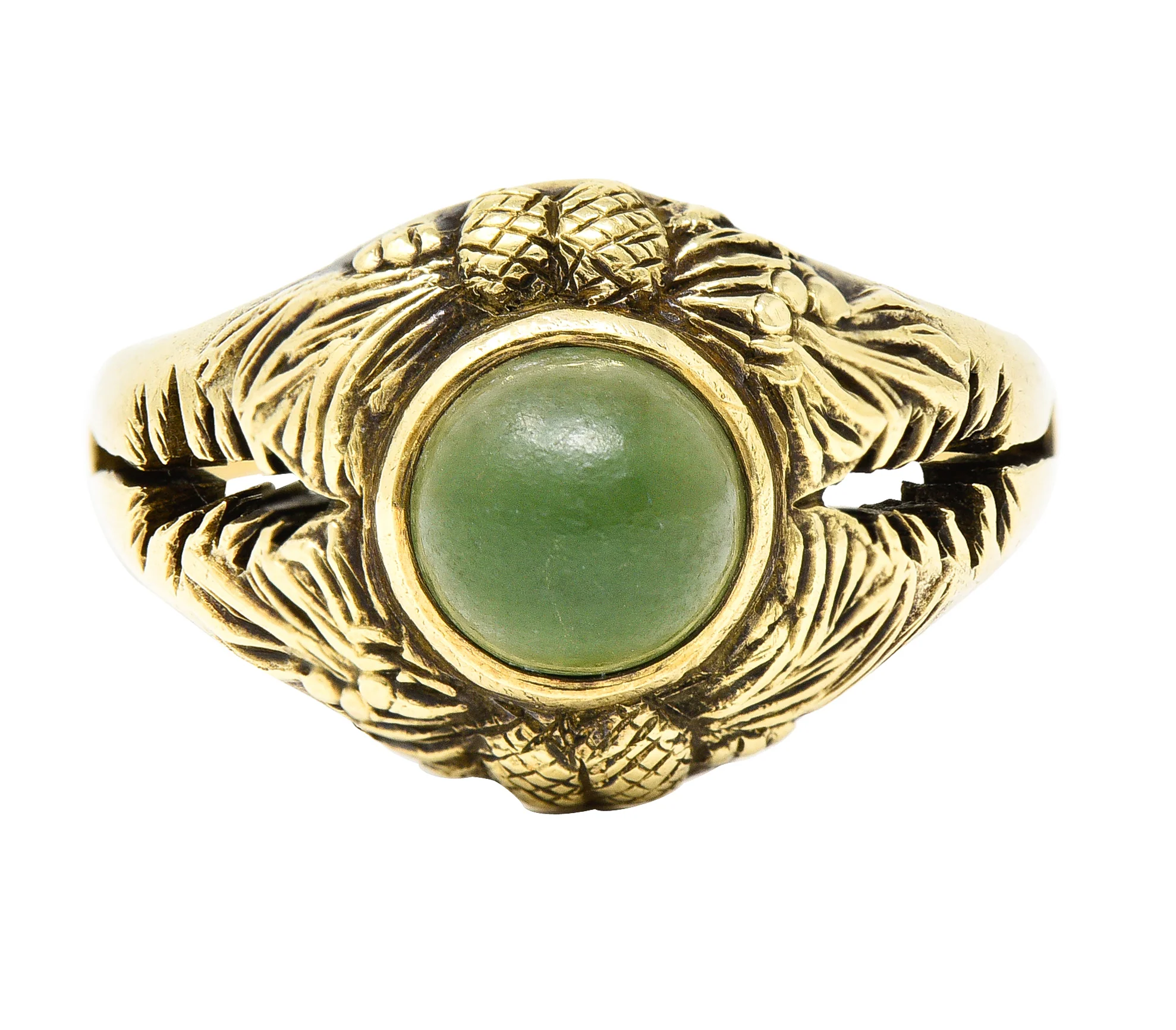 Frank Walter Lawrence Art Nouveau Jade Cabochon 14 Karat Yellow Gold Pine Cone Tree Unisex Antique Ring - Image 2