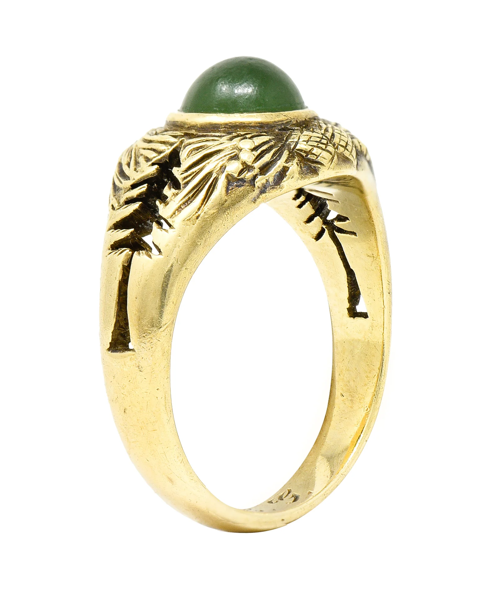Frank Walter Lawrence Art Nouveau Jade Cabochon 14 Karat Yellow Gold Pine Cone Tree Unisex Antique Ring - Image 9