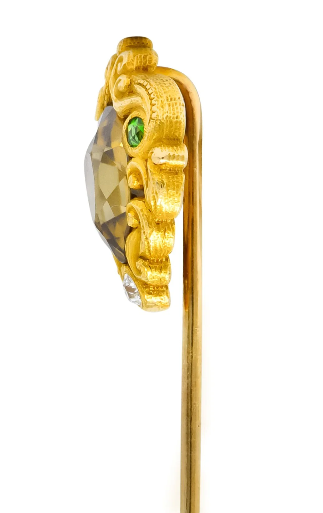 Frank Walter Lawrence Zircon Diamond Demantoid Garnet 14 Karat Gold Scrolled Stickpin - Image 3