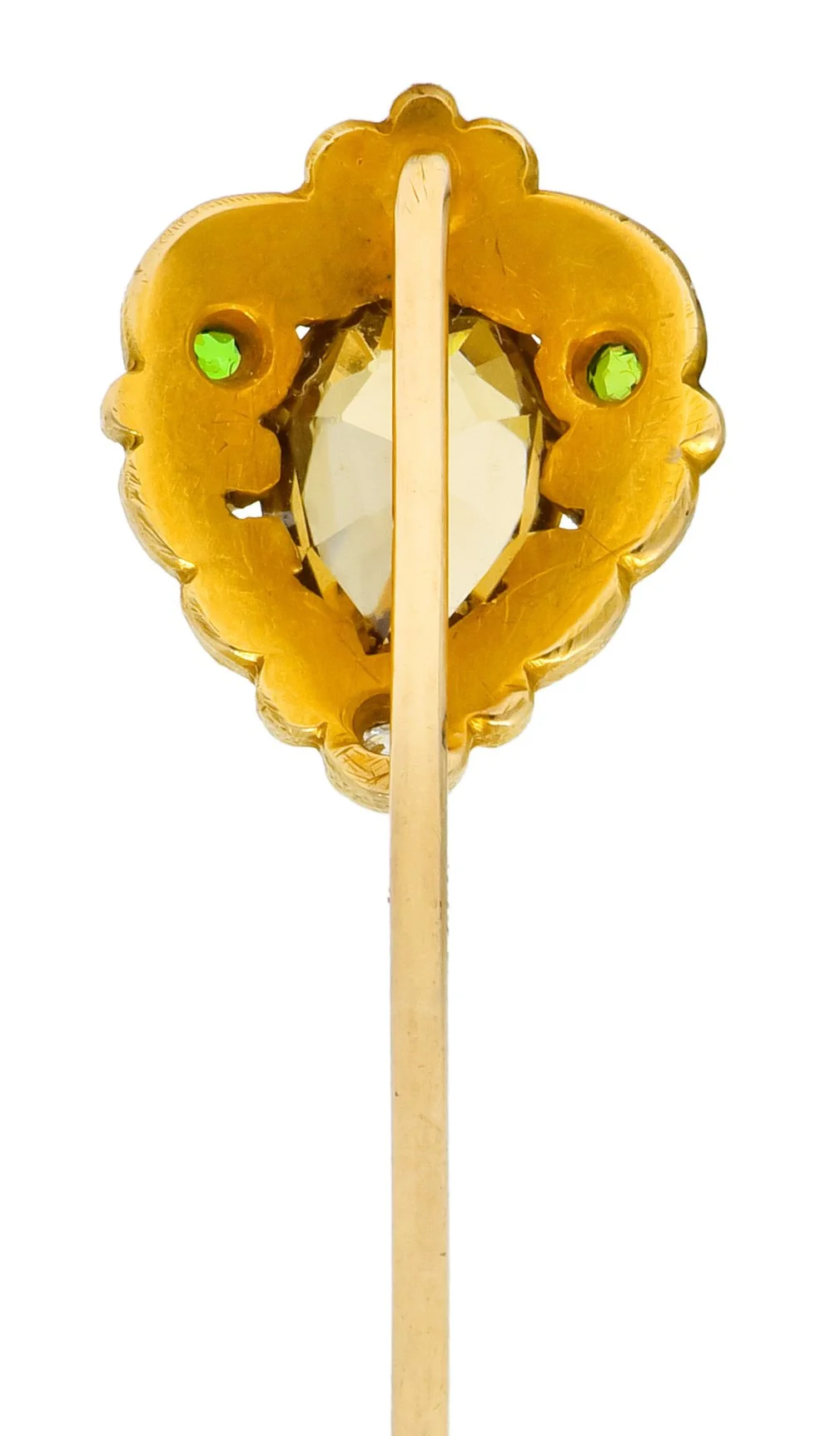Frank Walter Lawrence Zircon Diamond Demantoid Garnet 14 Karat Gold Scrolled Stickpin - Image 4