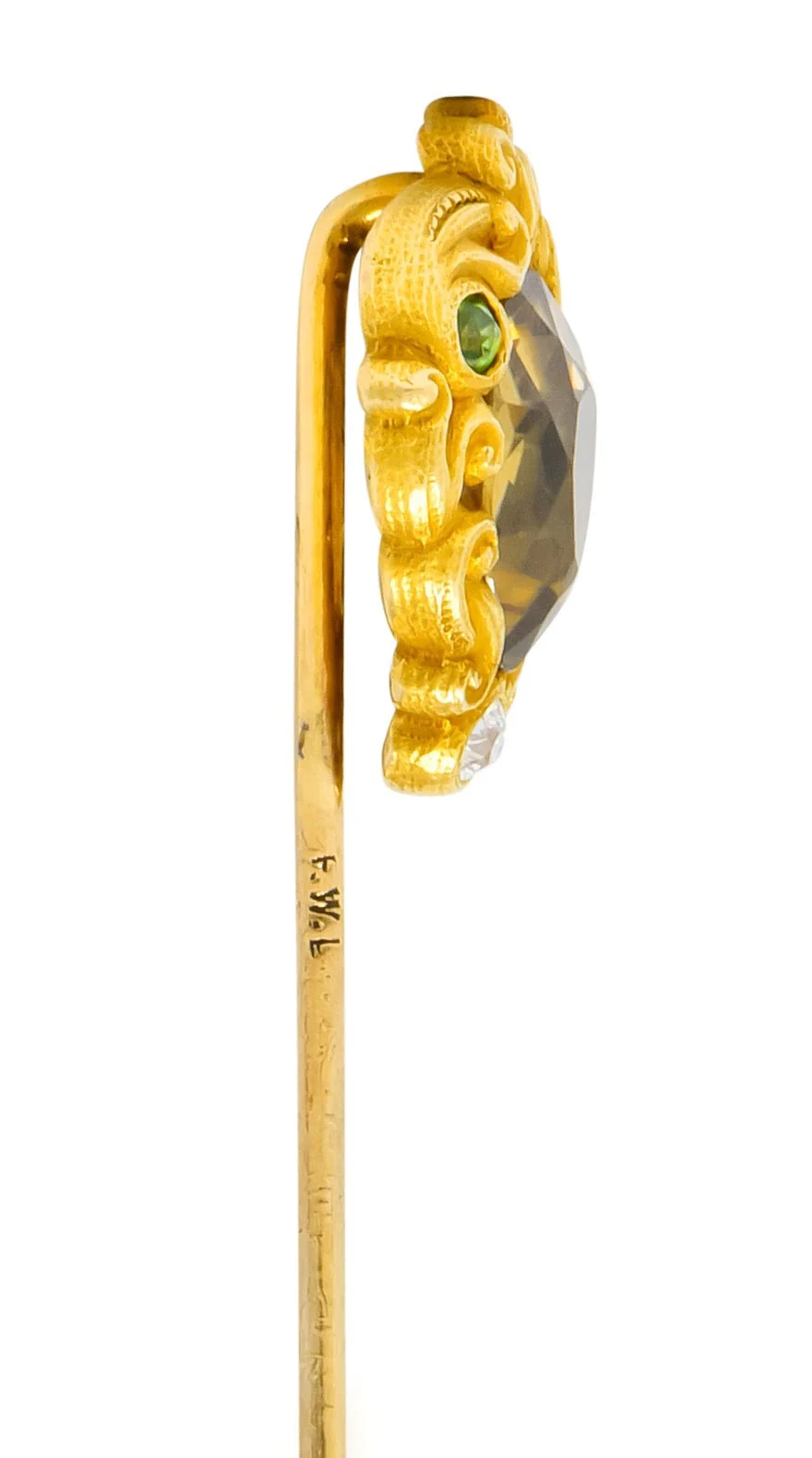 Frank Walter Lawrence Zircon Diamond Demantoid Garnet 14 Karat Gold Scrolled Stickpin - Image 5