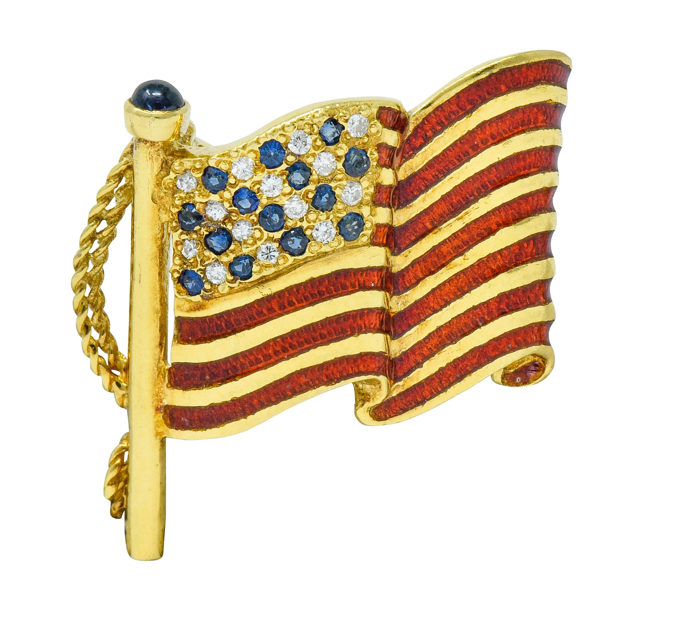 Franklin Mint Sapphire Diamond Enamel 18 Karat Gold American Unisex Flag Brooch