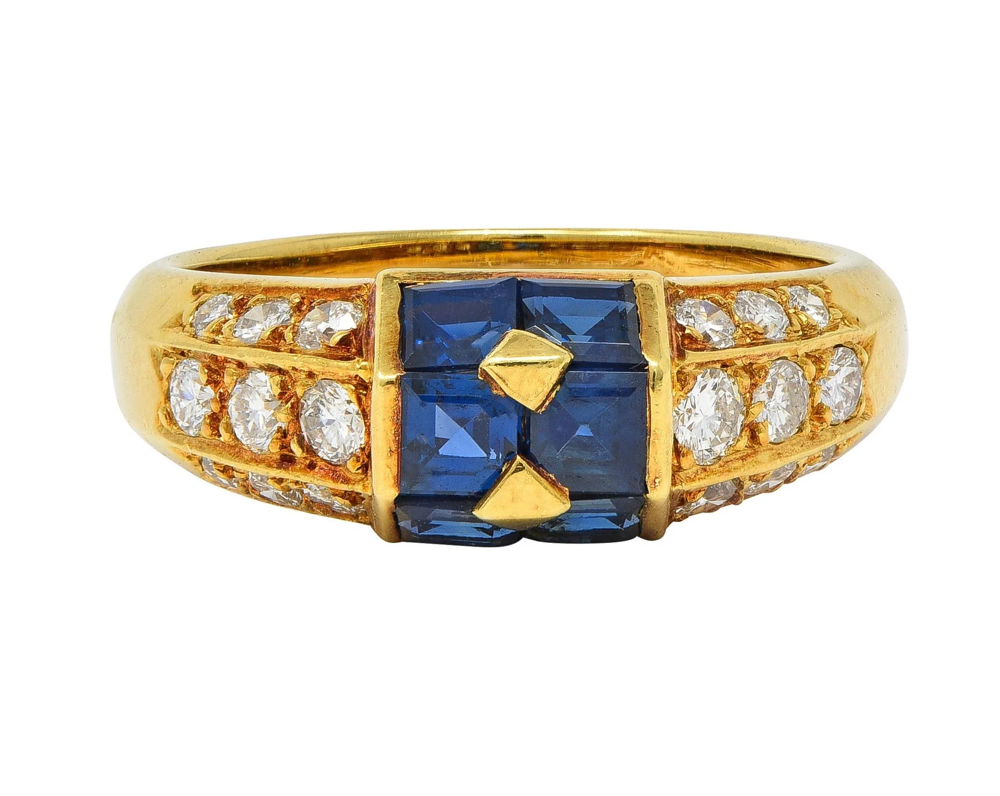 French 1960s 1.80 CTW Sapphire Diamond 18 Karat Yellow Gold Vintage Dome Band Ring