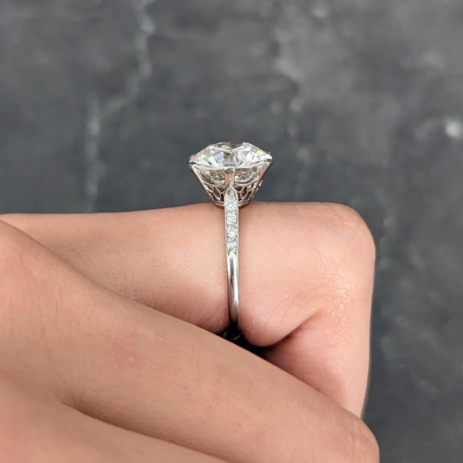 French Art Deco 5.12 CTW Old European Cut Diamond Platinum Foliate Vintage Engagement Ring GIA - Image 15