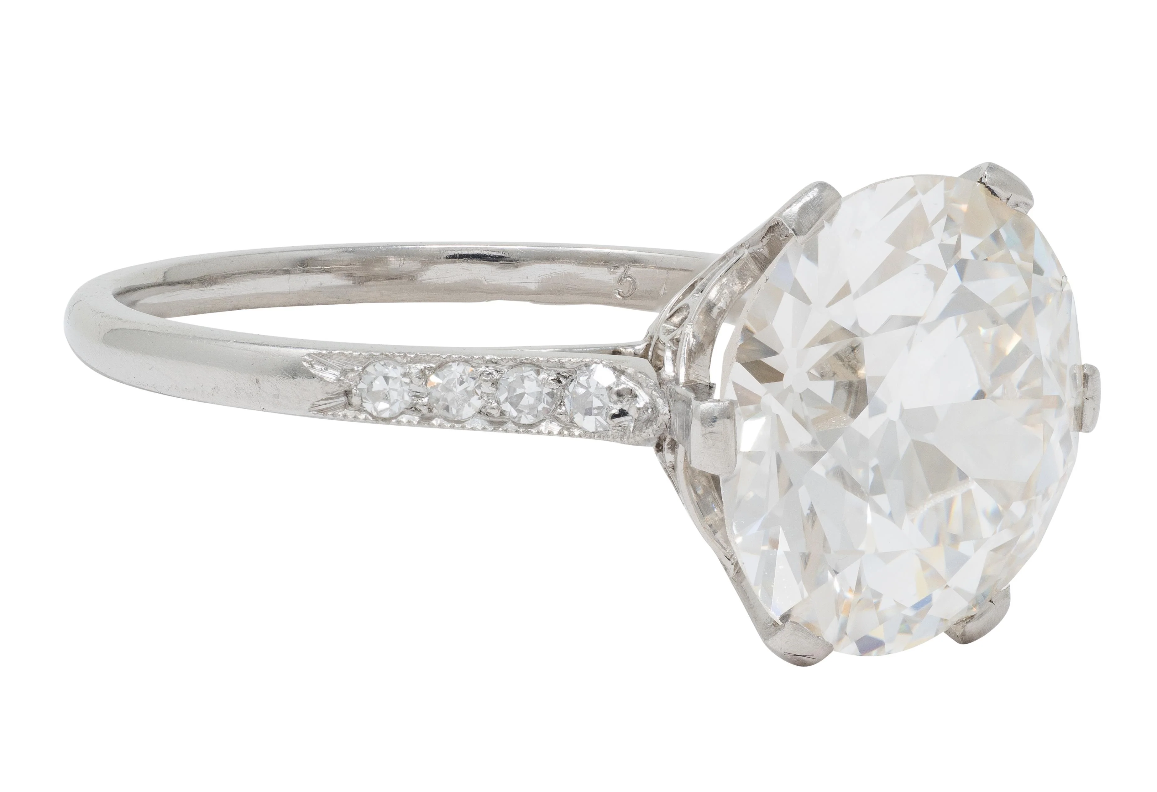 French Art Deco 5.12 CTW Old European Cut Diamond Platinum Foliate Vintage Engagement Ring GIA - Image 3