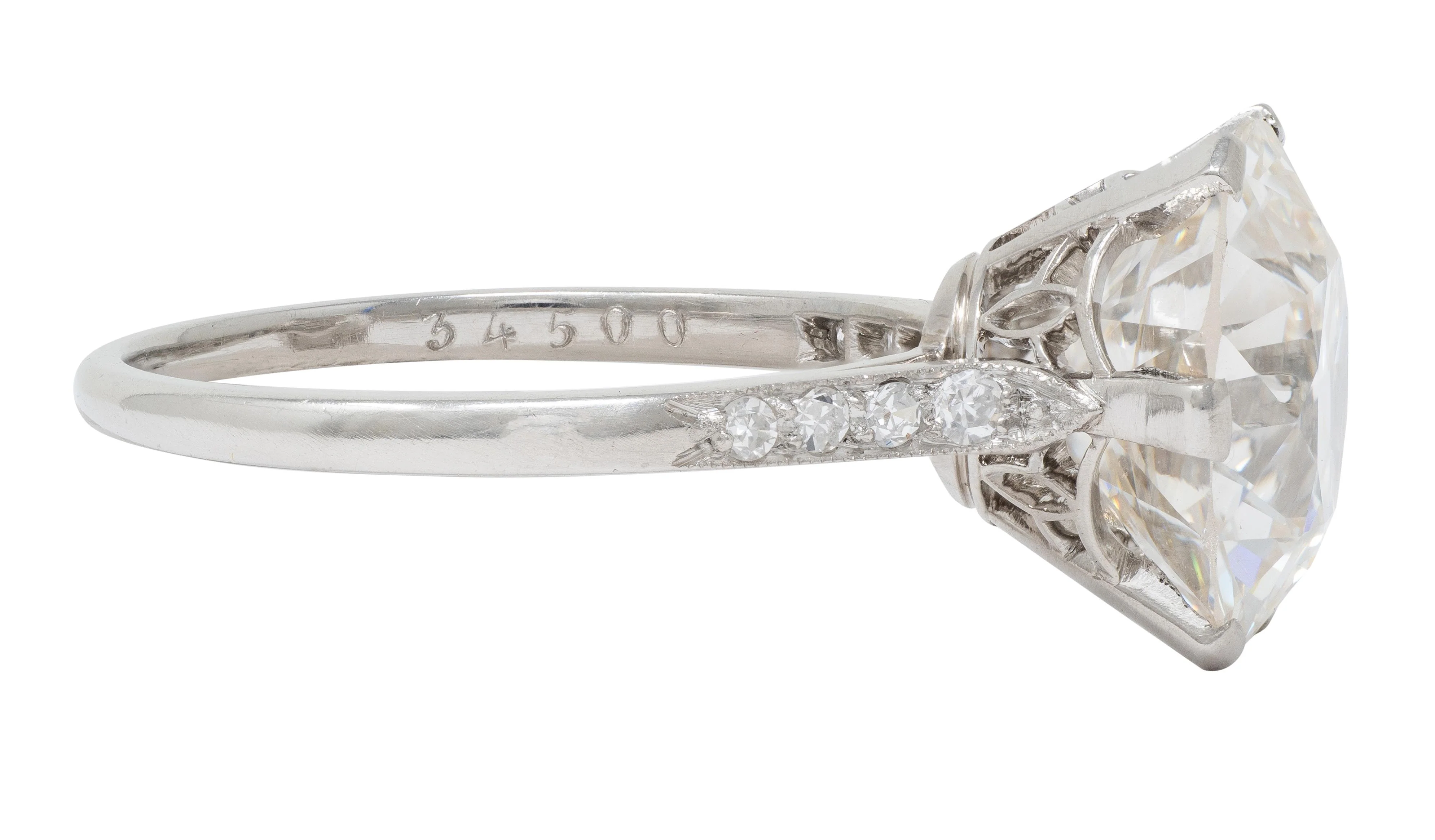 French Art Deco 5.12 CTW Old European Cut Diamond Platinum Foliate Vintage Engagement Ring GIA - Image 4