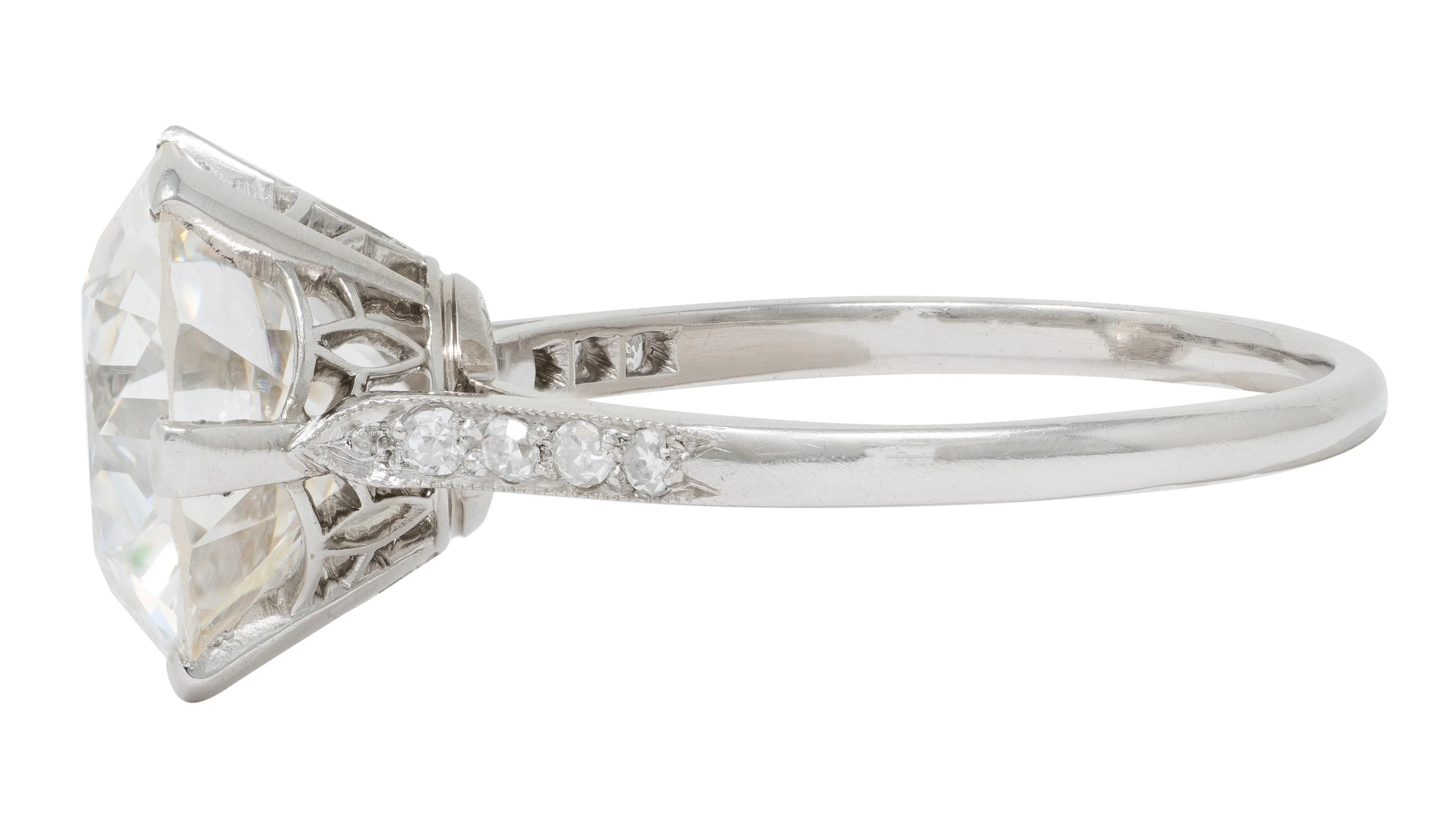 French Art Deco 5.12 CTW Old European Cut Diamond Platinum Foliate Vintage Engagement Ring GIA - Image 6