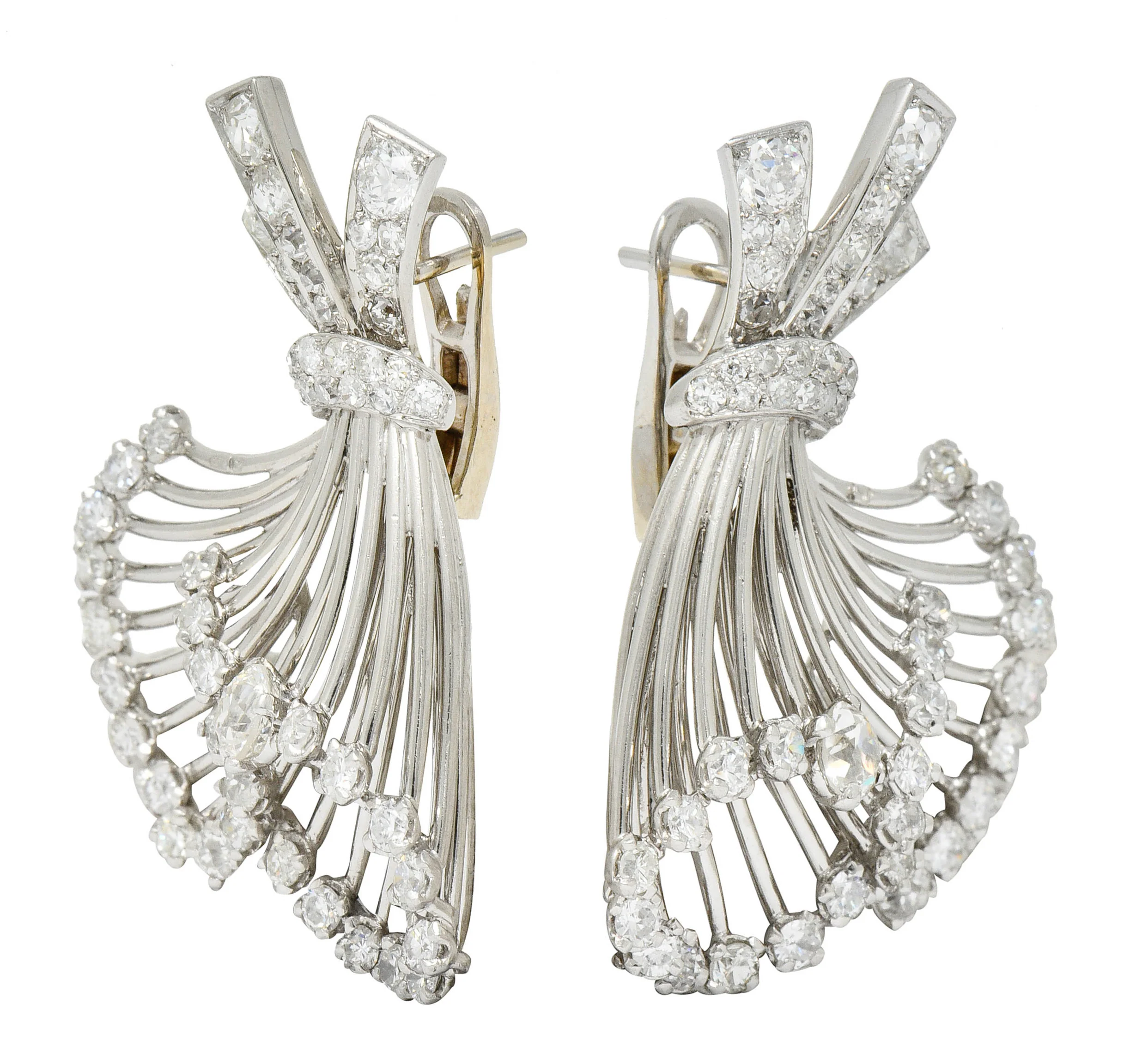 French Art Deco 7.32 CTW Diamond Platinum Flared Earrings - Image 5