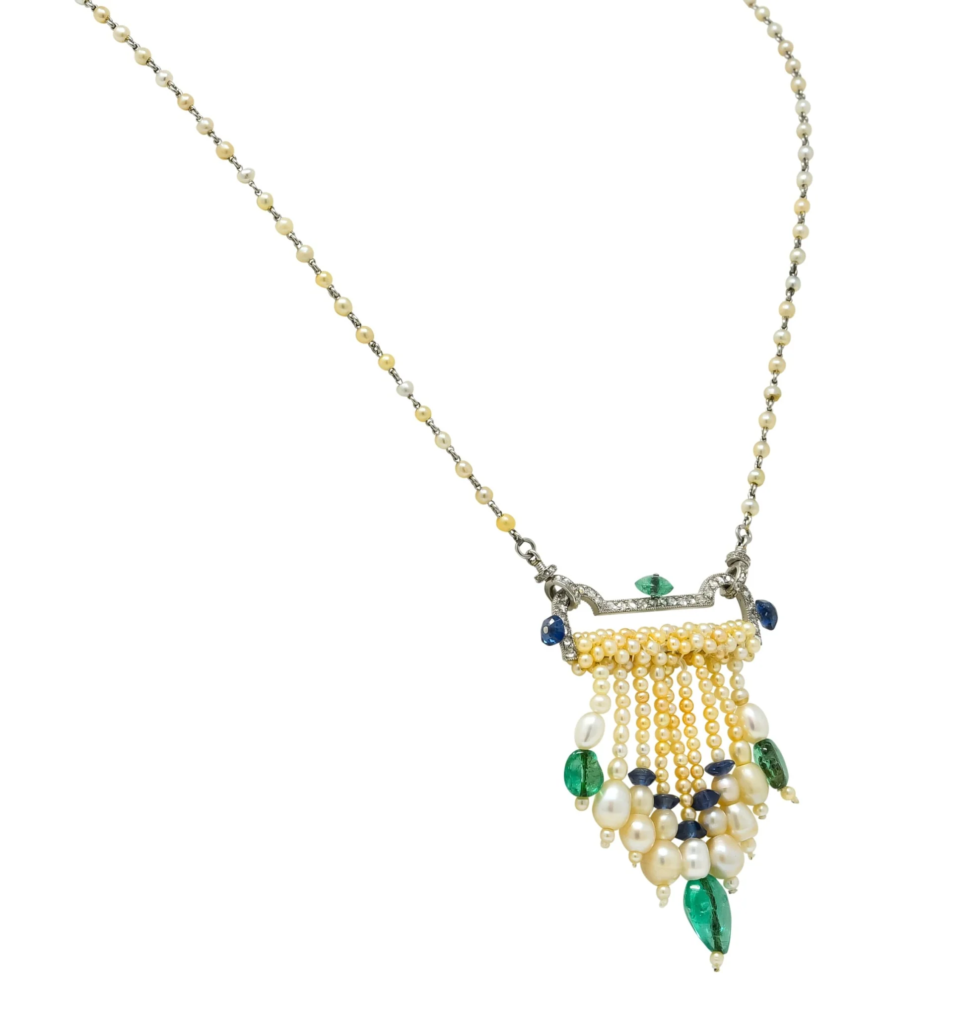 French Art Deco Diamond Natural Pearl Emerald Sapphire Platinum Sautoir Necklace - Image 3