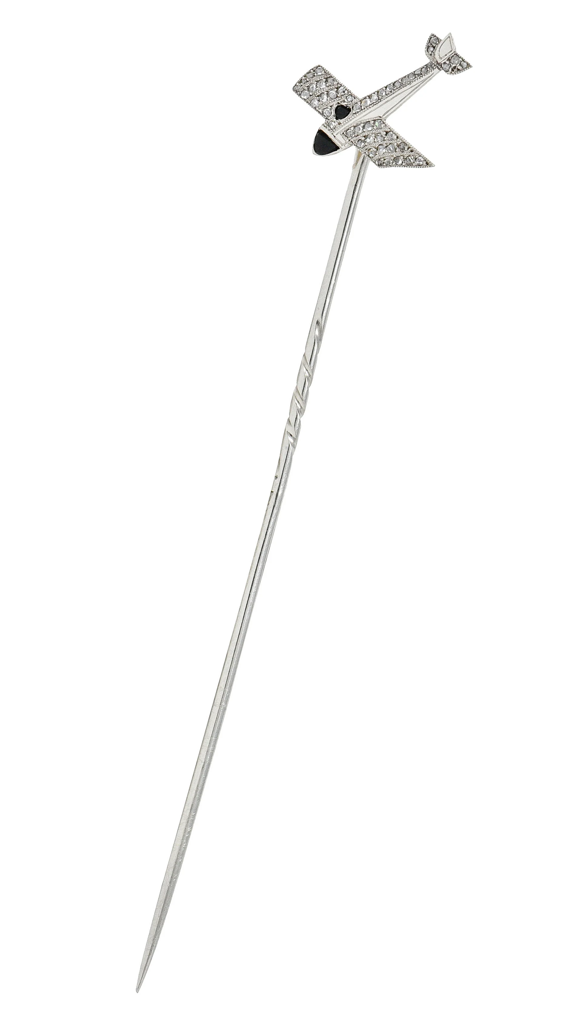 French Art Deco Diamond Onyx Platinum Airplane Stickpin - Image 2