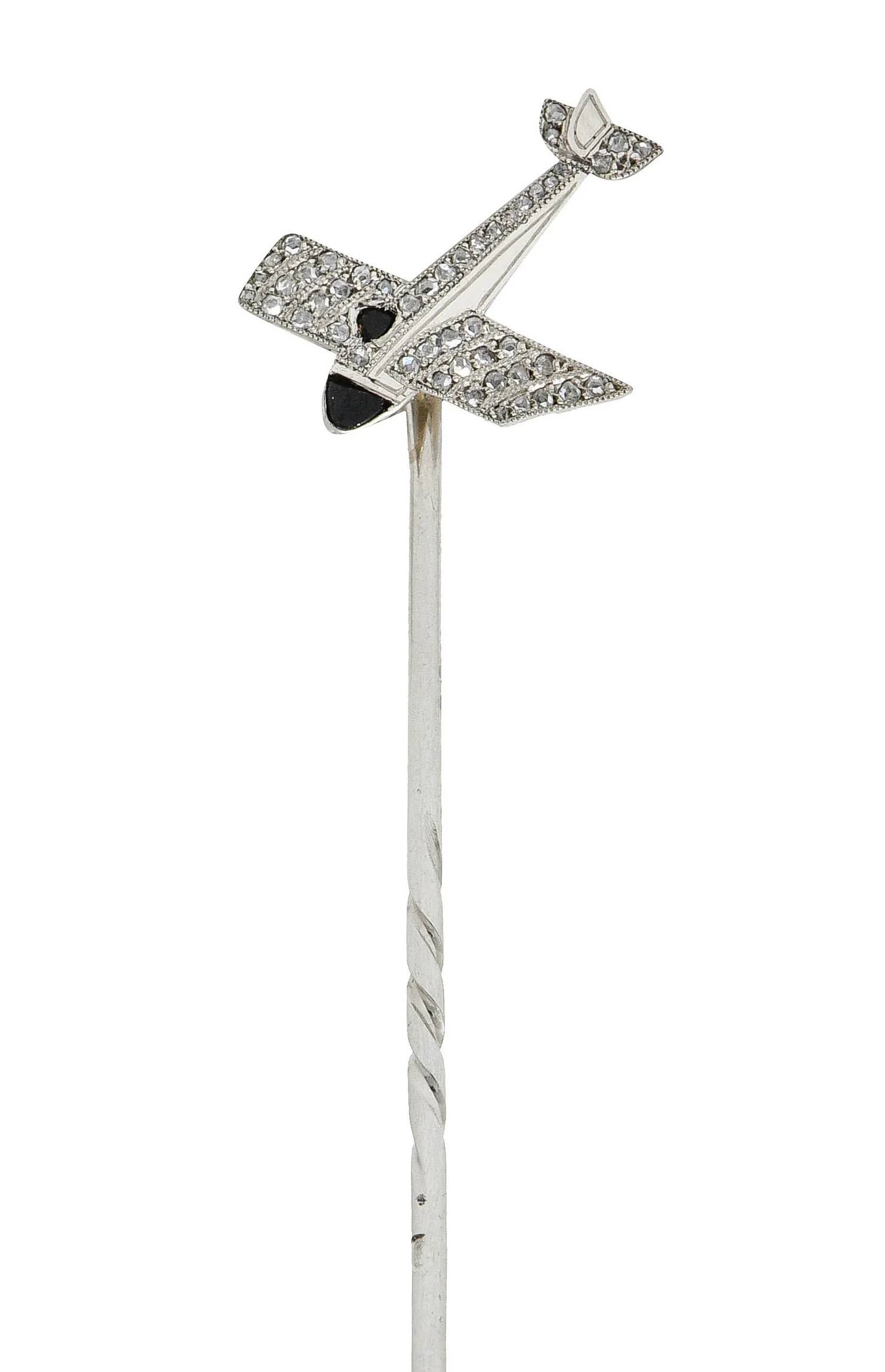 French Art Deco Diamond Onyx Platinum Airplane Stickpin - Image 3