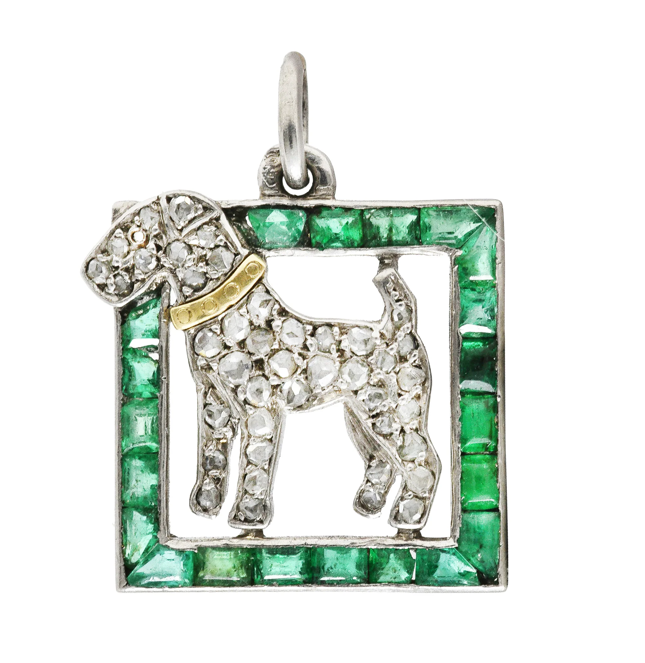 French Art Deco Emerald Diamond Platinum 18 Karat Yellow Gold Dog Charm